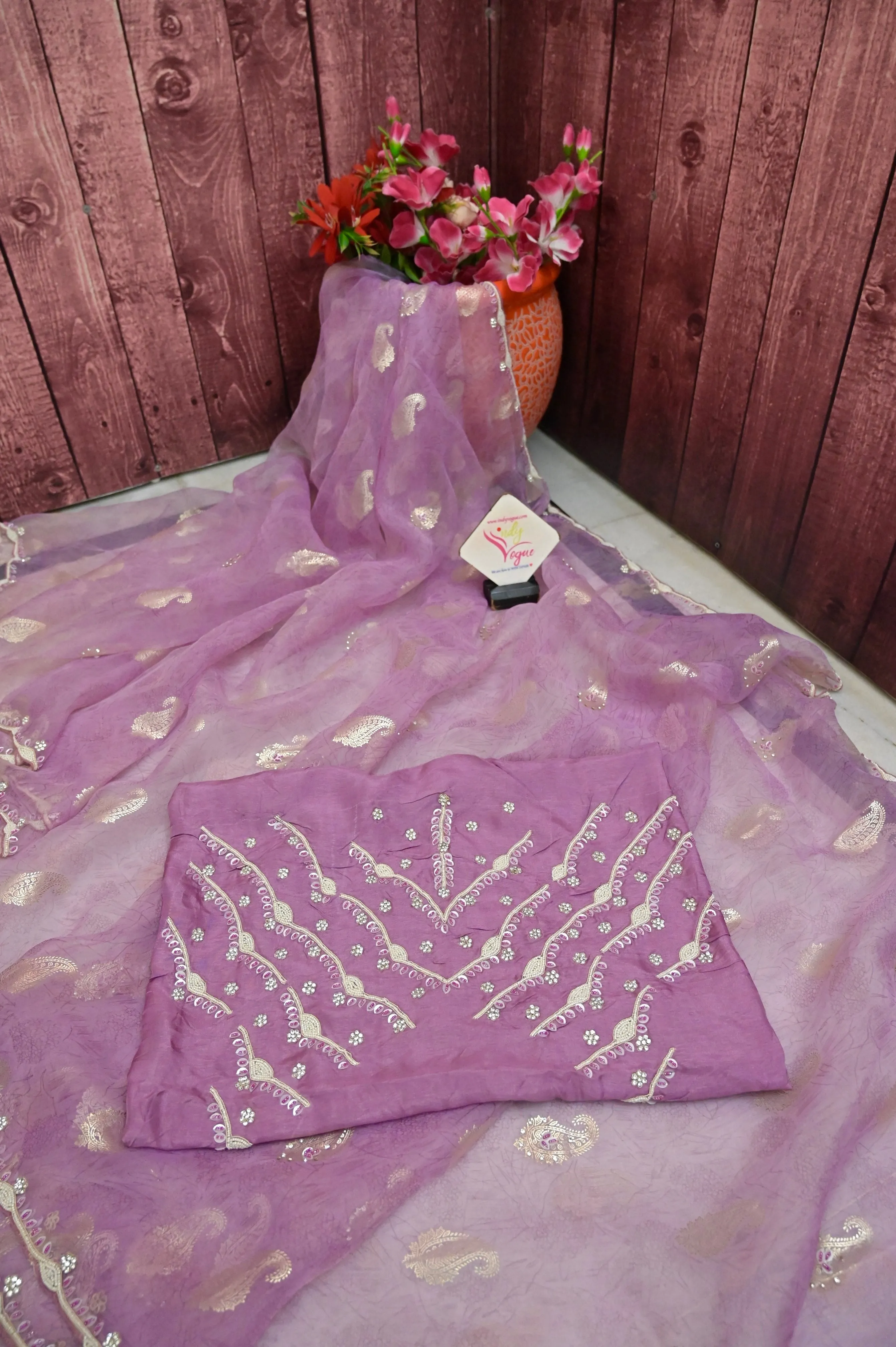 Lavender Color Oragnza Saree with Allover Hand Work with Pearl and Sequin with Foil Print