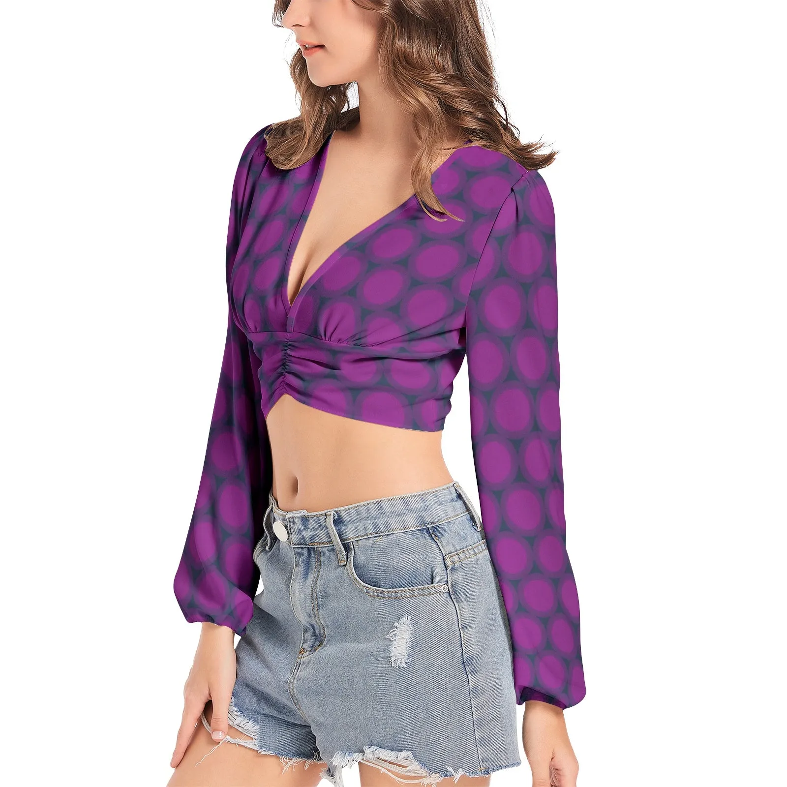 Lavender Sun Women's Deep V-Neck Lantern Sleeve Crop Top