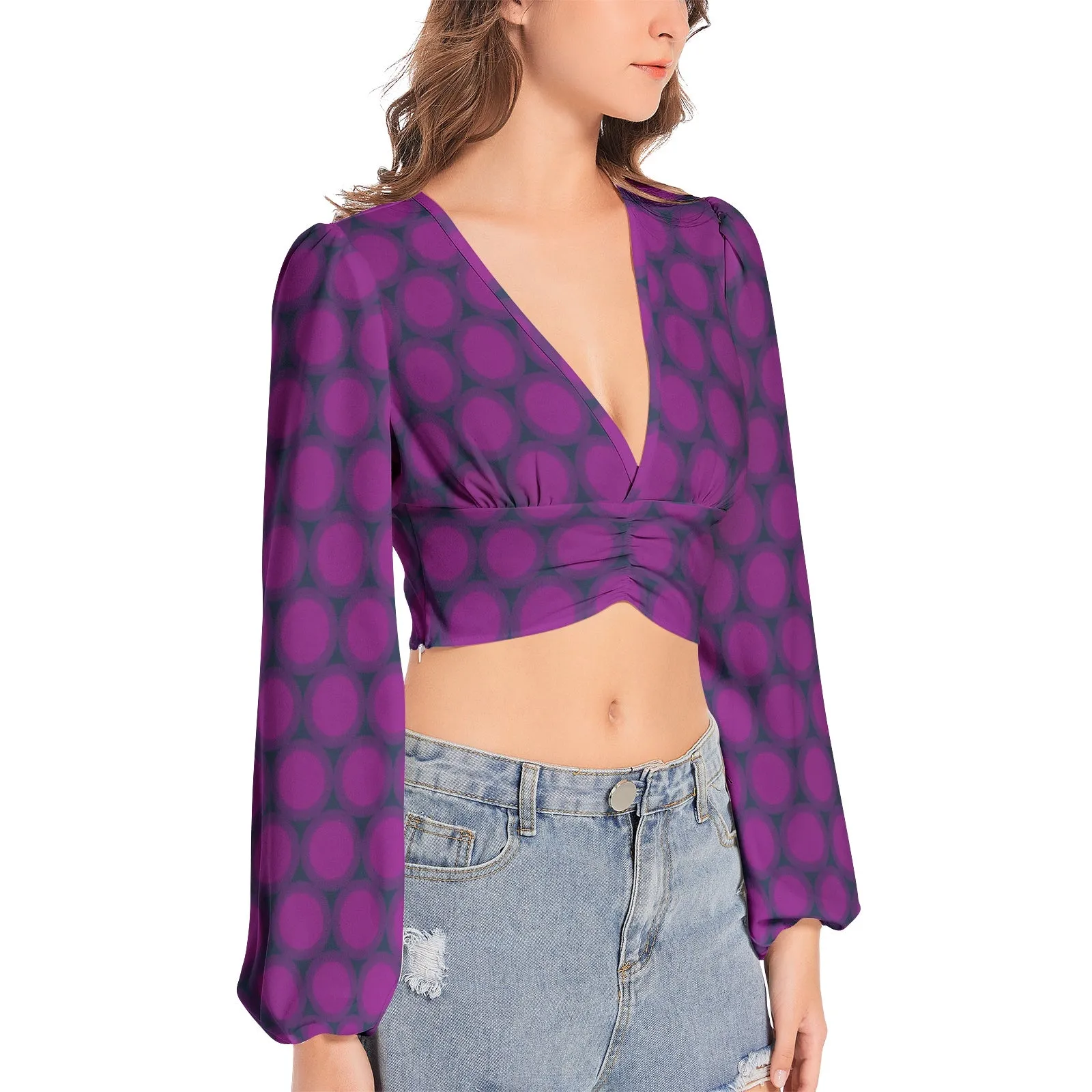 Lavender Sun Women's Deep V-Neck Lantern Sleeve Crop Top