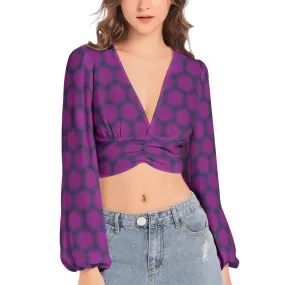 Lavender Sun Women's Deep V-Neck Lantern Sleeve Crop Top