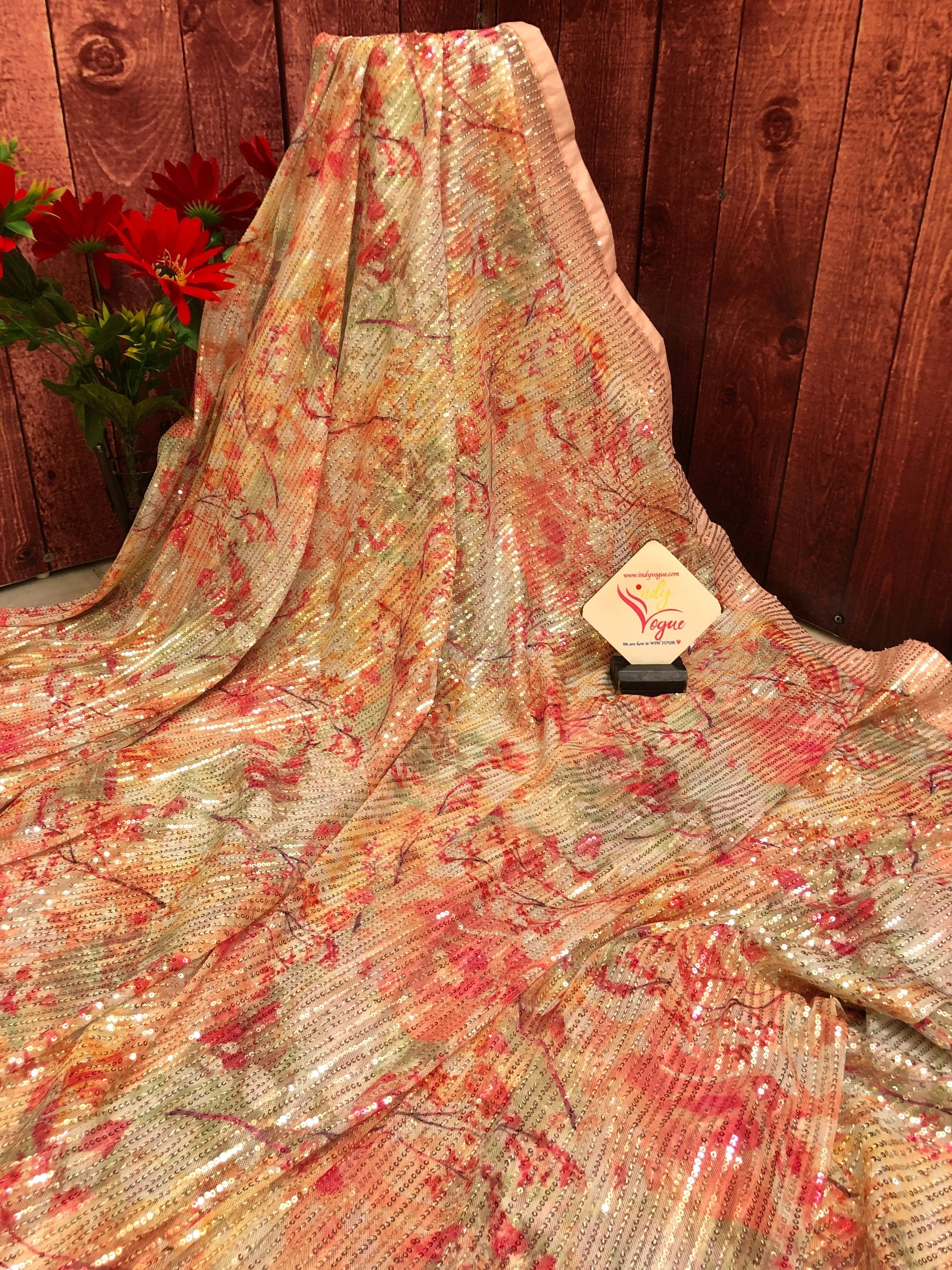 Light Peach Color Designer Net Saree with Digital Print & Sequin Work