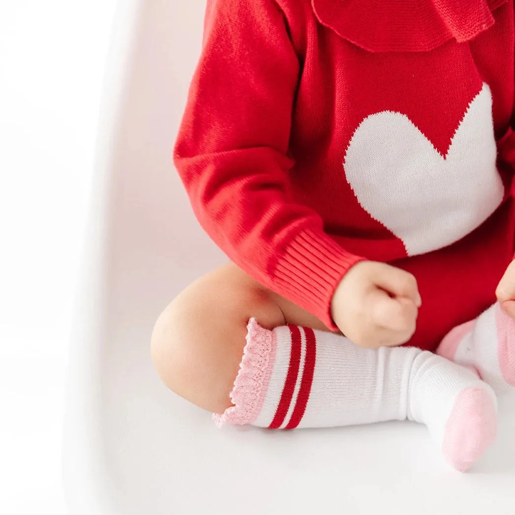 Little Stocking Co. - Cherry Stripe Lace Top Knee High Socks