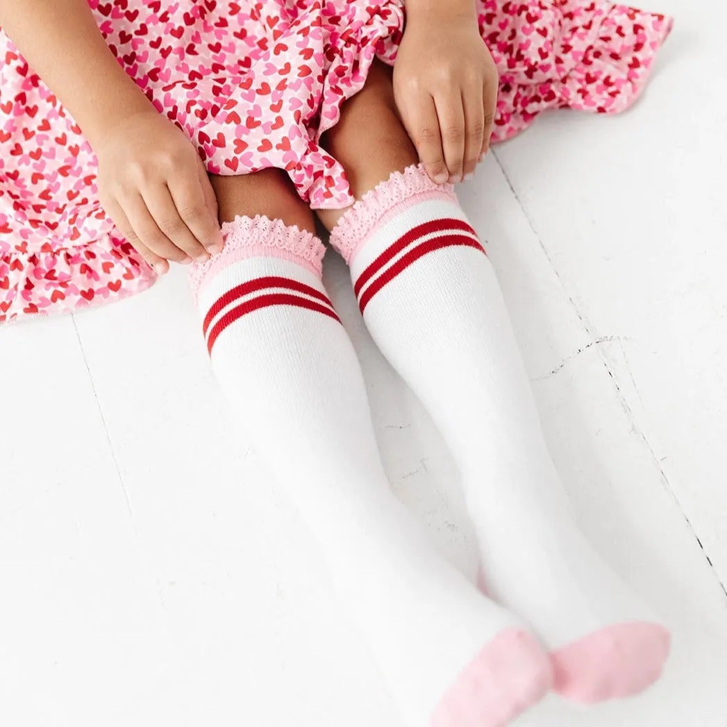 Little Stocking Co. - Cherry Stripe Lace Top Knee High Socks