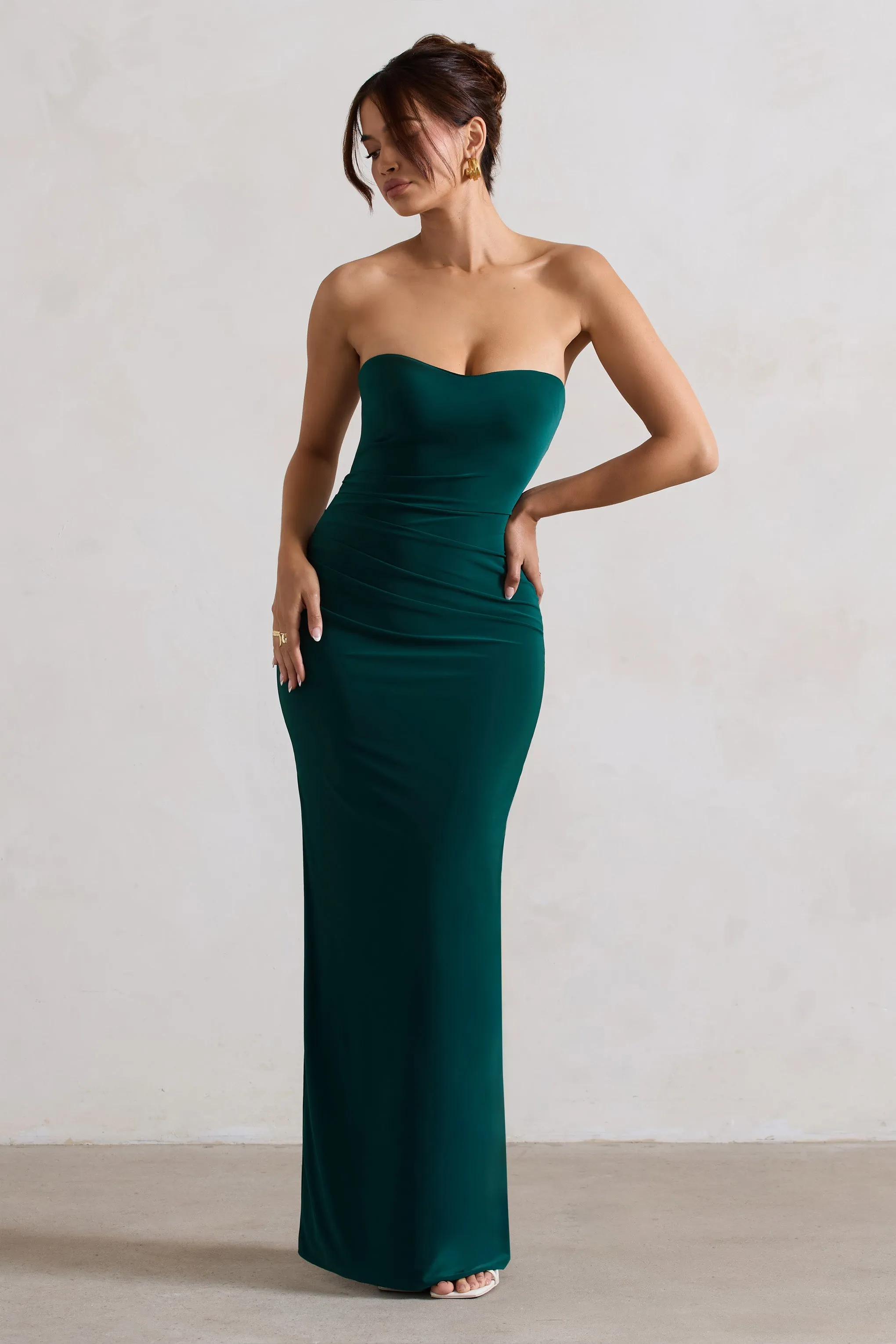 Manon | Bottle Green Sweetheart Bandeau Maxi Dress With Thigh Split