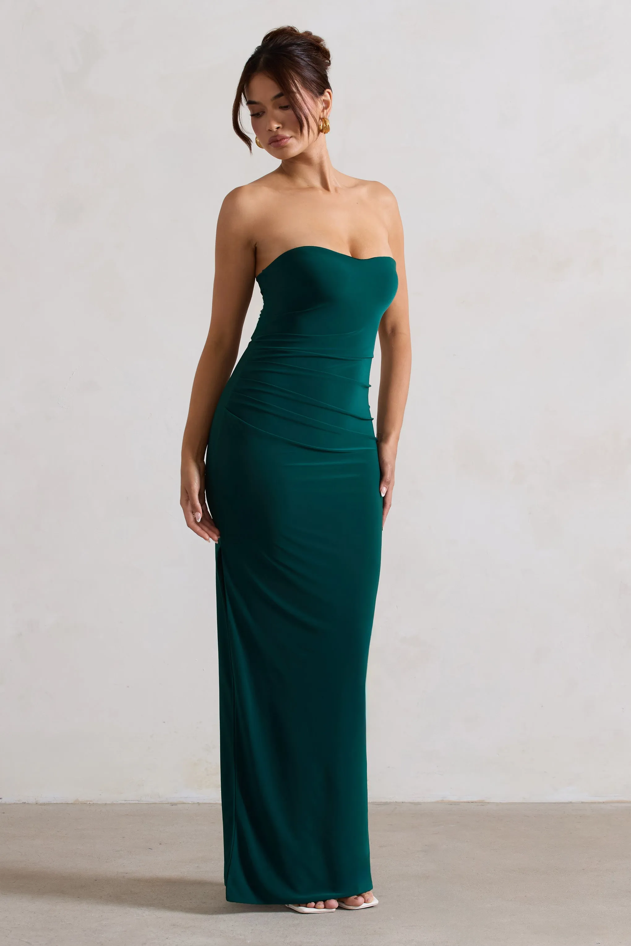 Manon | Bottle Green Sweetheart Bandeau Maxi Dress With Thigh Split