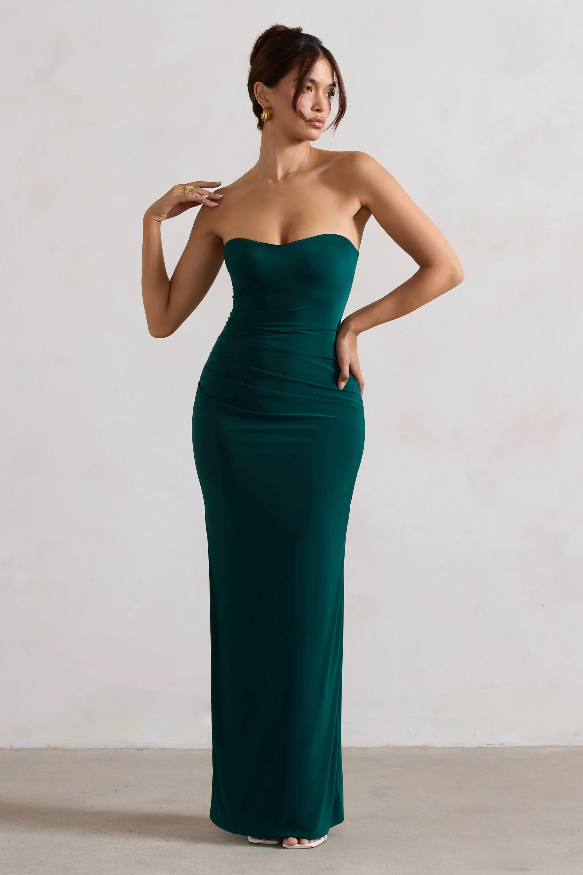 Manon | Bottle Green Sweetheart Bandeau Maxi Dress With Thigh Split