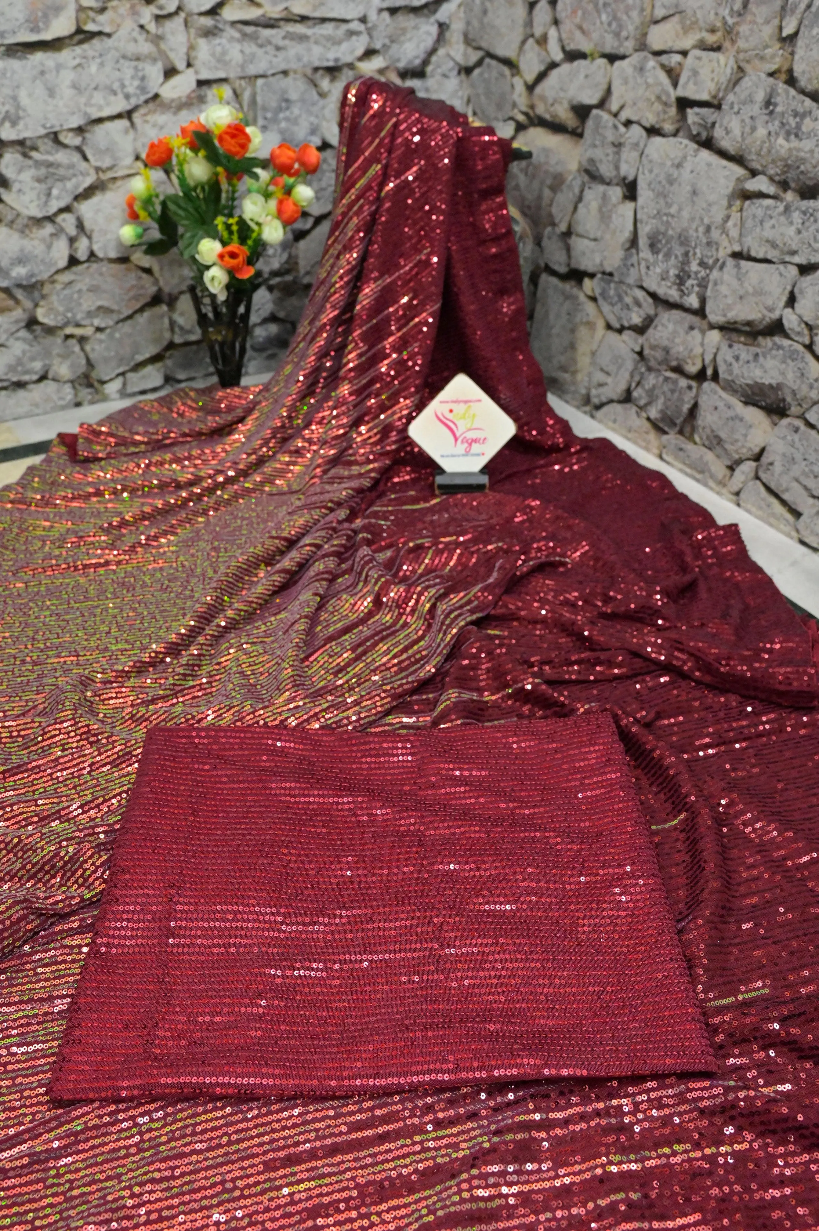 Maroon Color Designer Net Saree with Sequin Weaving