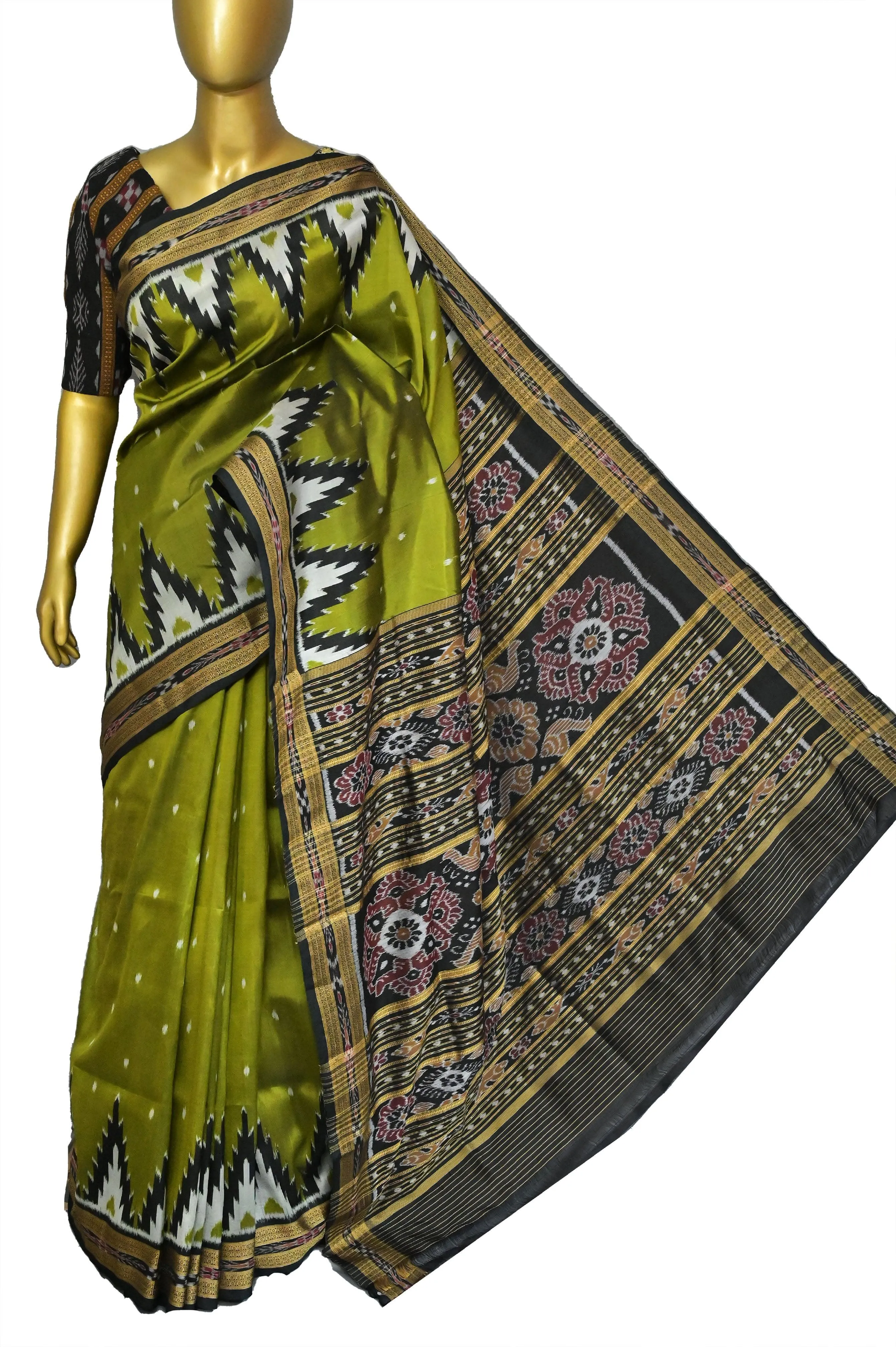 Mehendi Green Color Sambalpuri Silk Saree with Temple Border and Buti Work