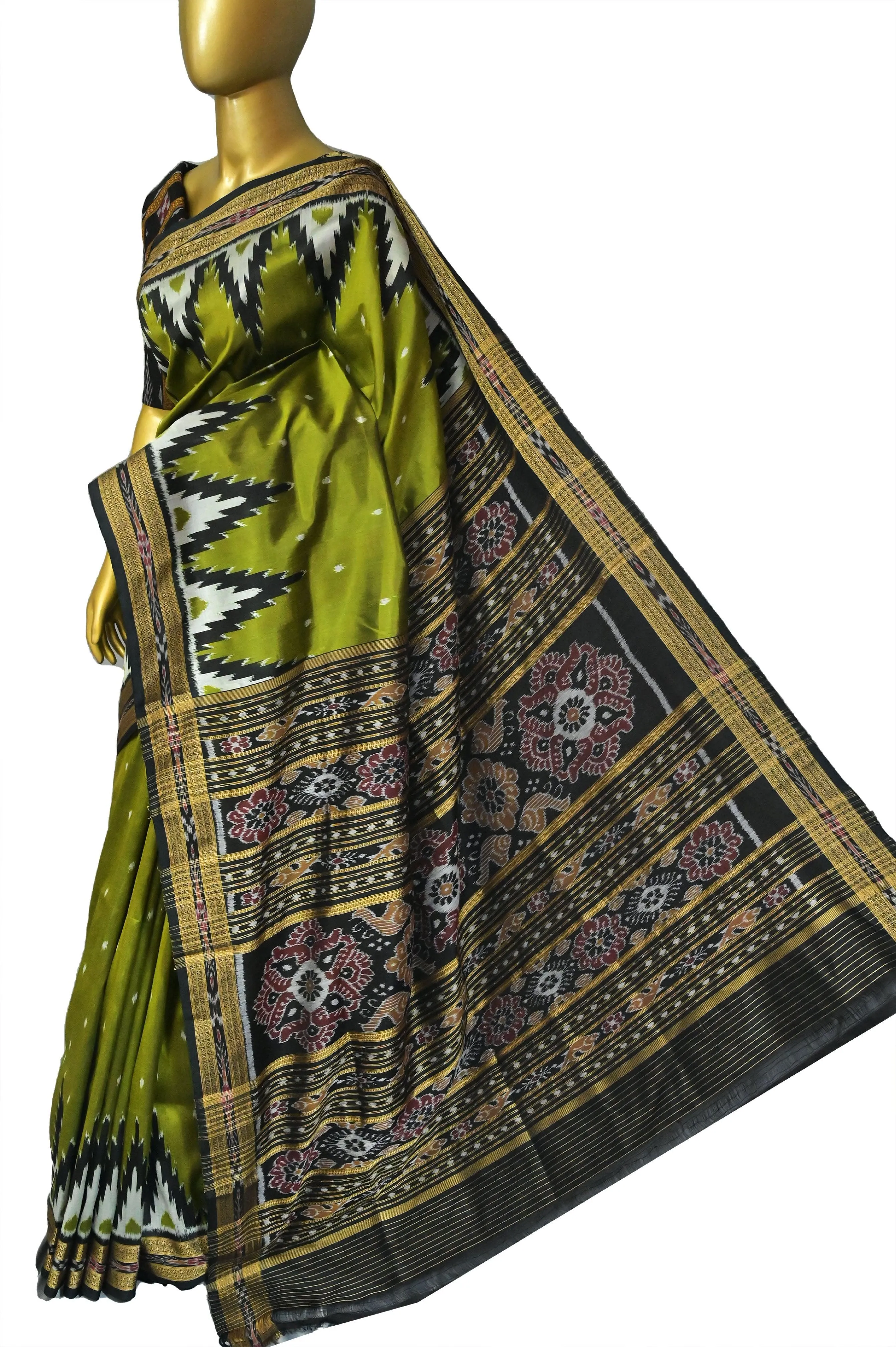 Mehendi Green Color Sambalpuri Silk Saree with Temple Border and Buti Work