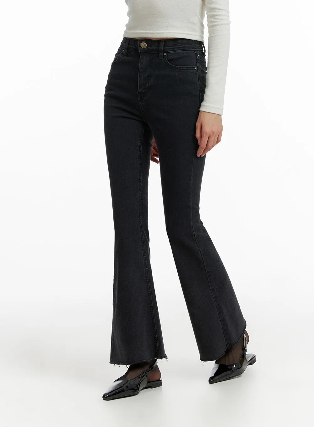 Mid Waist Button Flared Jeans IF402