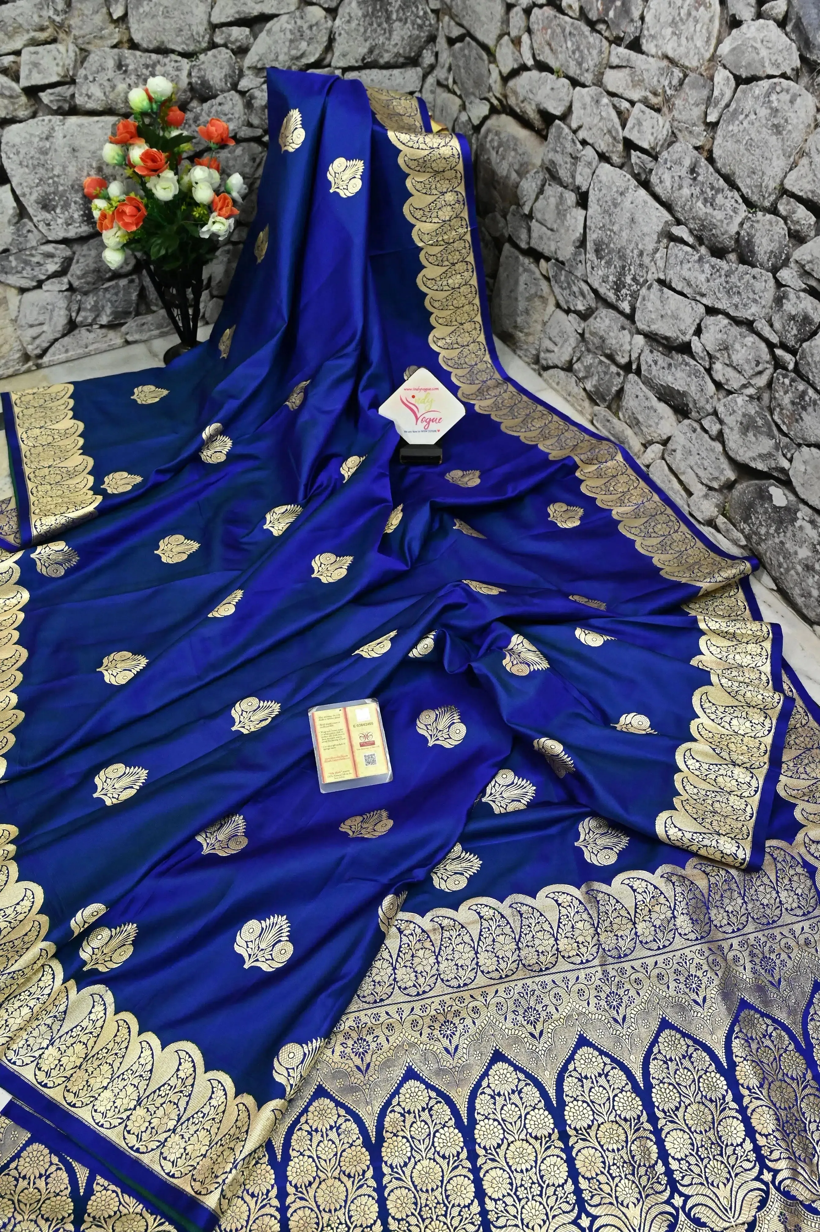 Midnight Blue Color Mashru Silk Banarasi Saree with Allover Zari Weaving