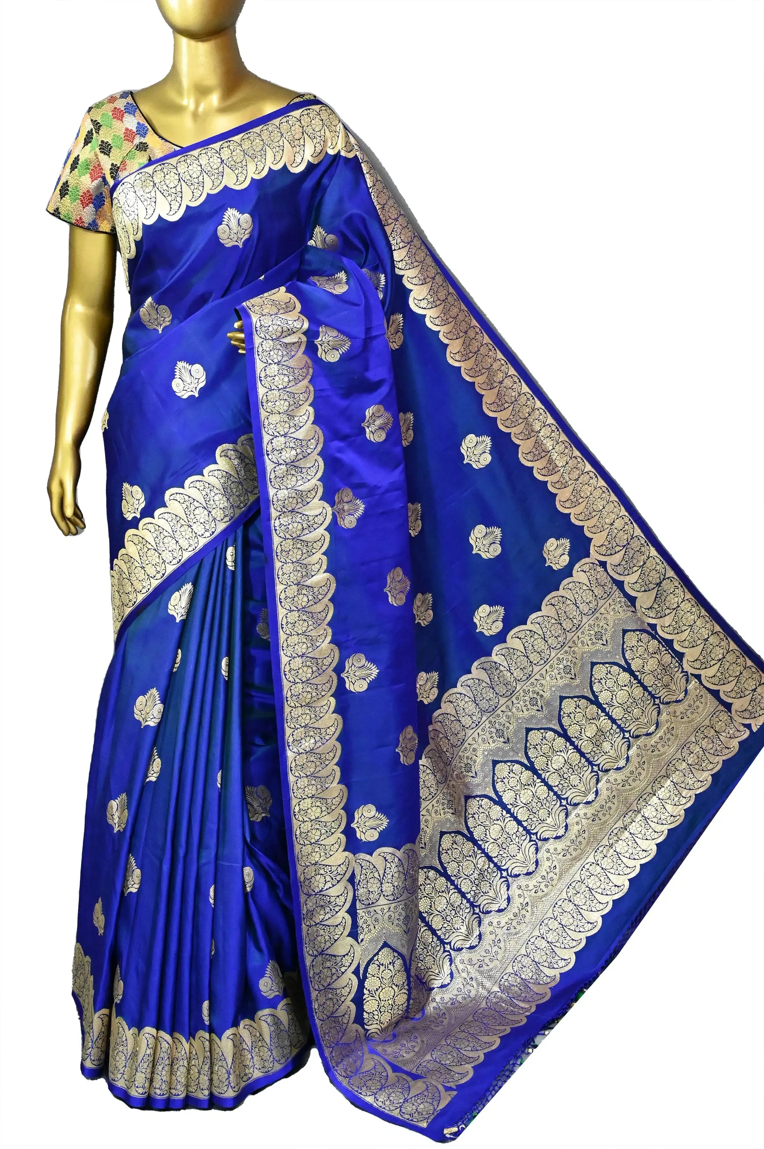 Midnight Blue Color Mashru Silk Banarasi Saree with Allover Zari Weaving