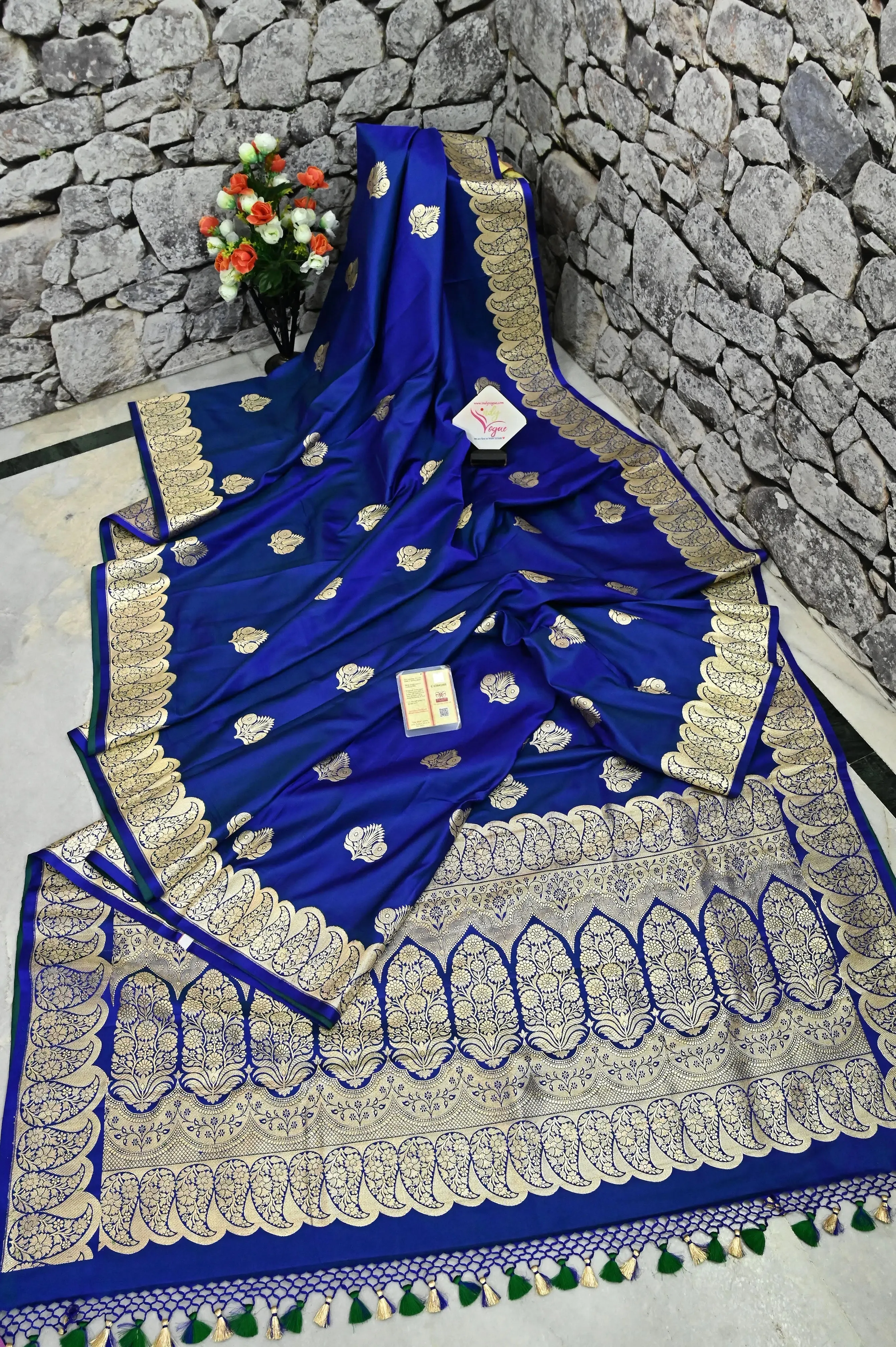 Midnight Blue Color Mashru Silk Banarasi Saree with Allover Zari Weaving