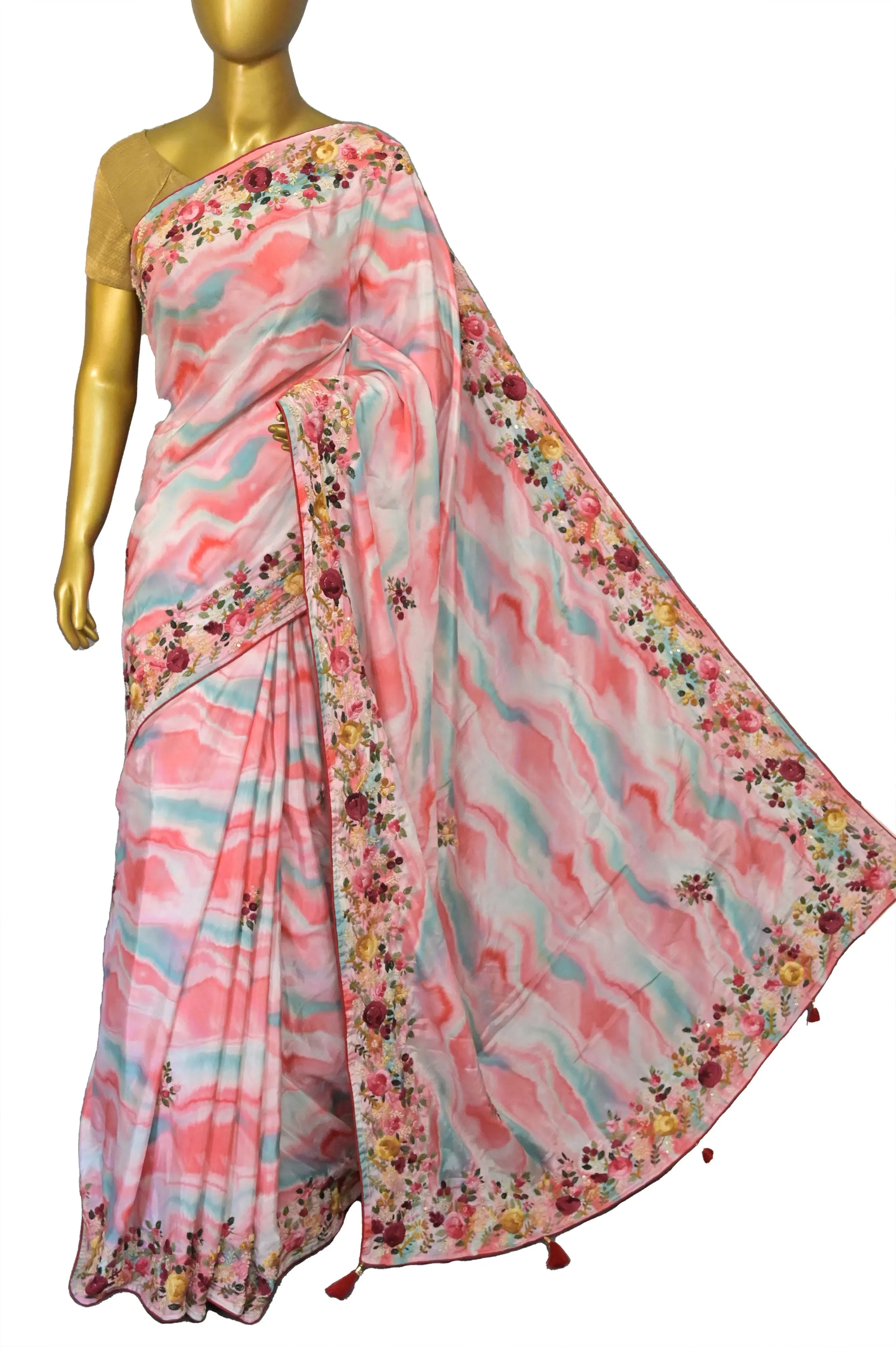 Multicolor Satin Silk Saree with Shibori Dye and Parsi Hand Embroidery