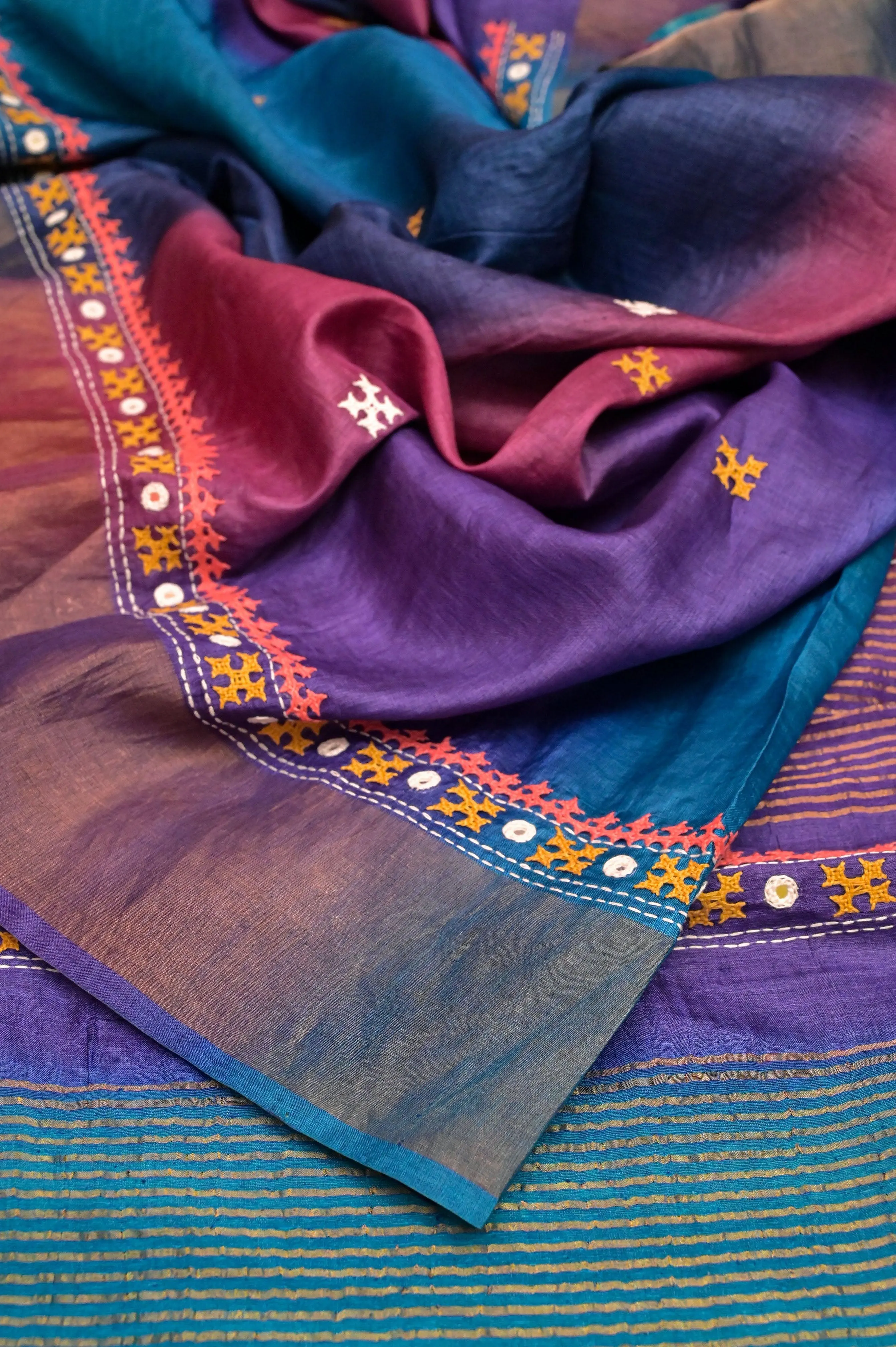 Multicolor Zari Border Tussar Silk with Hand-Dye and Mirror Work