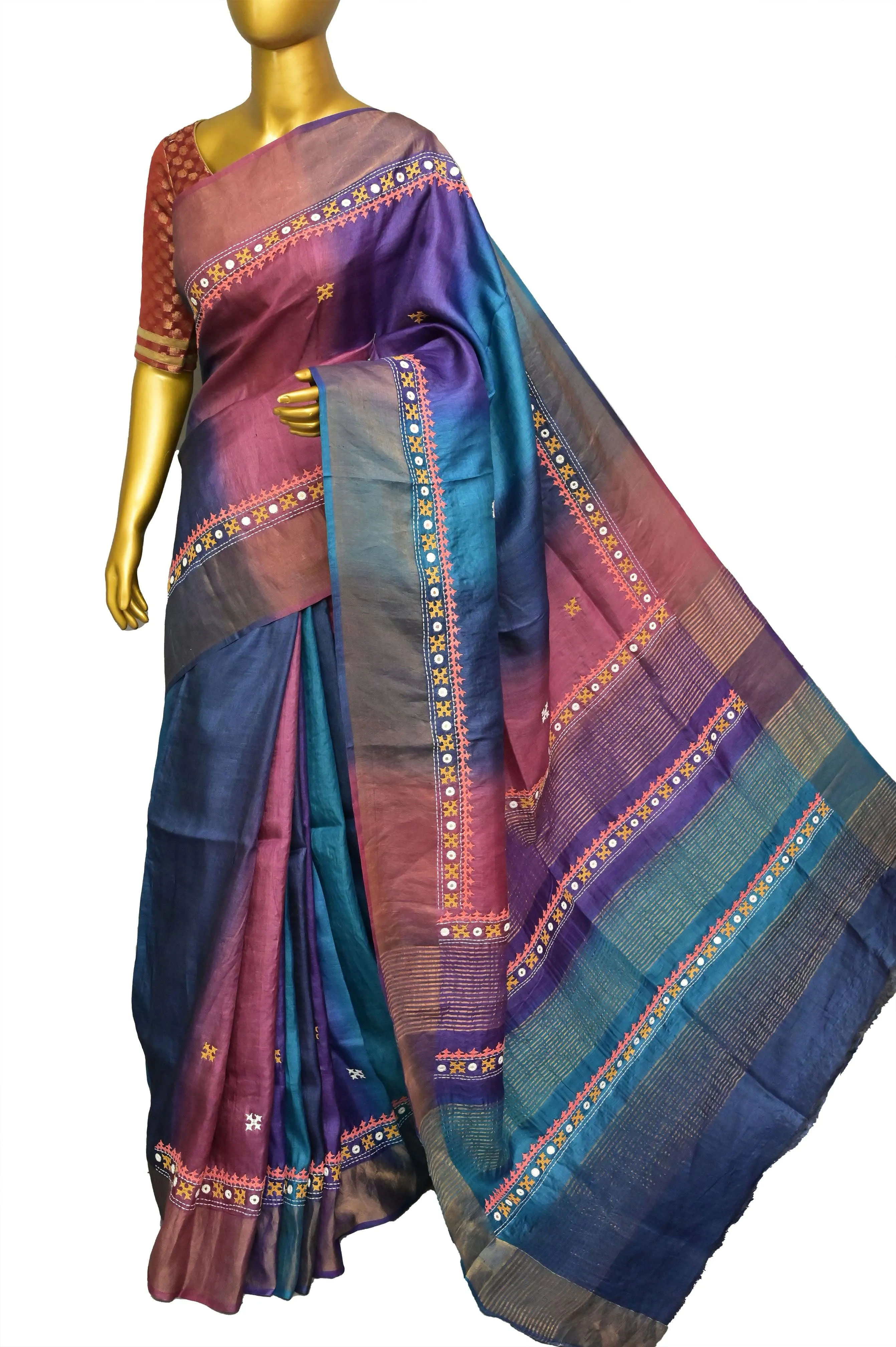 Multicolor Zari Border Tussar Silk with Hand-Dye and Mirror Work