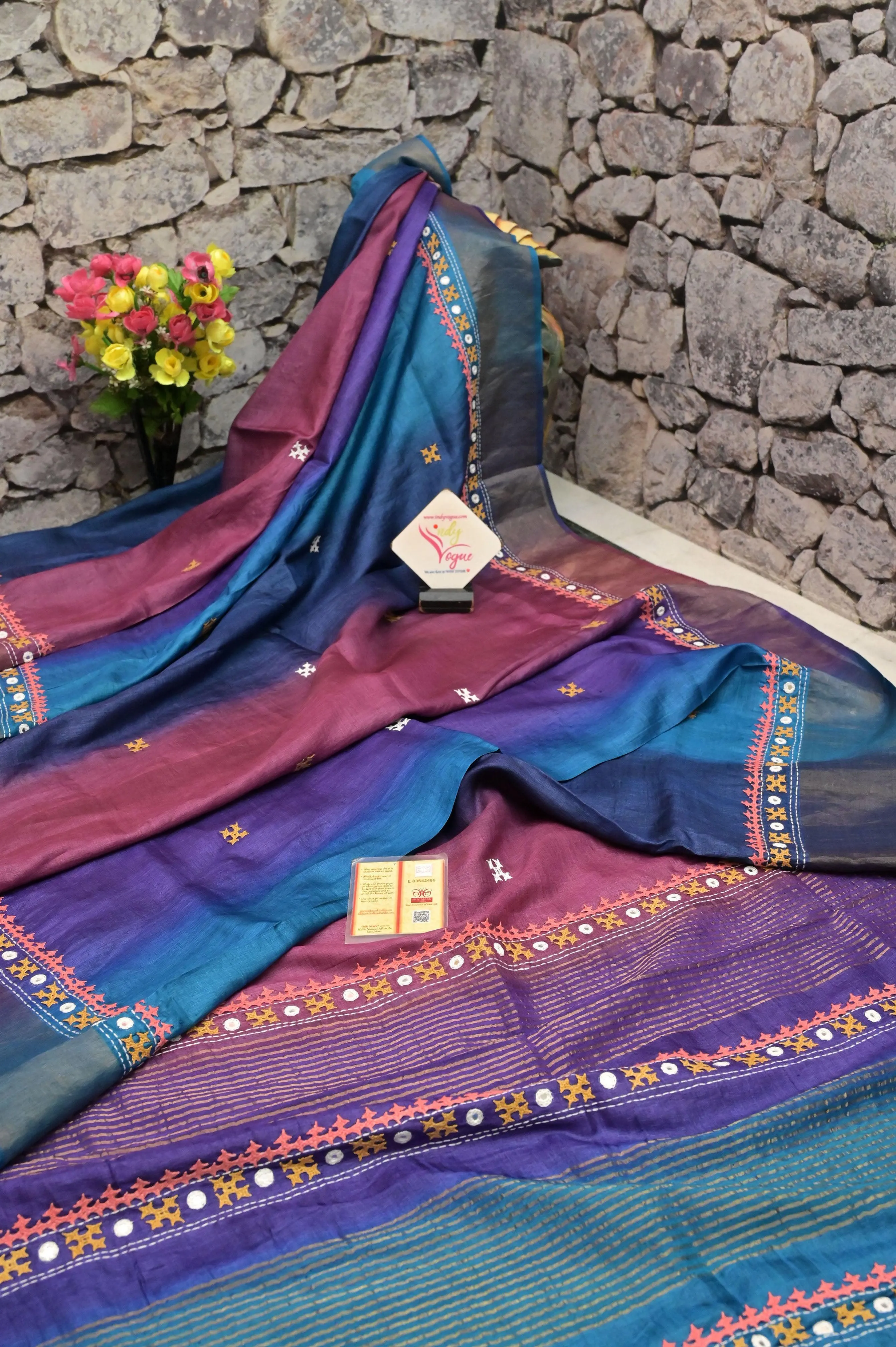 Multicolor Zari Border Tussar Silk with Hand-Dye and Mirror Work