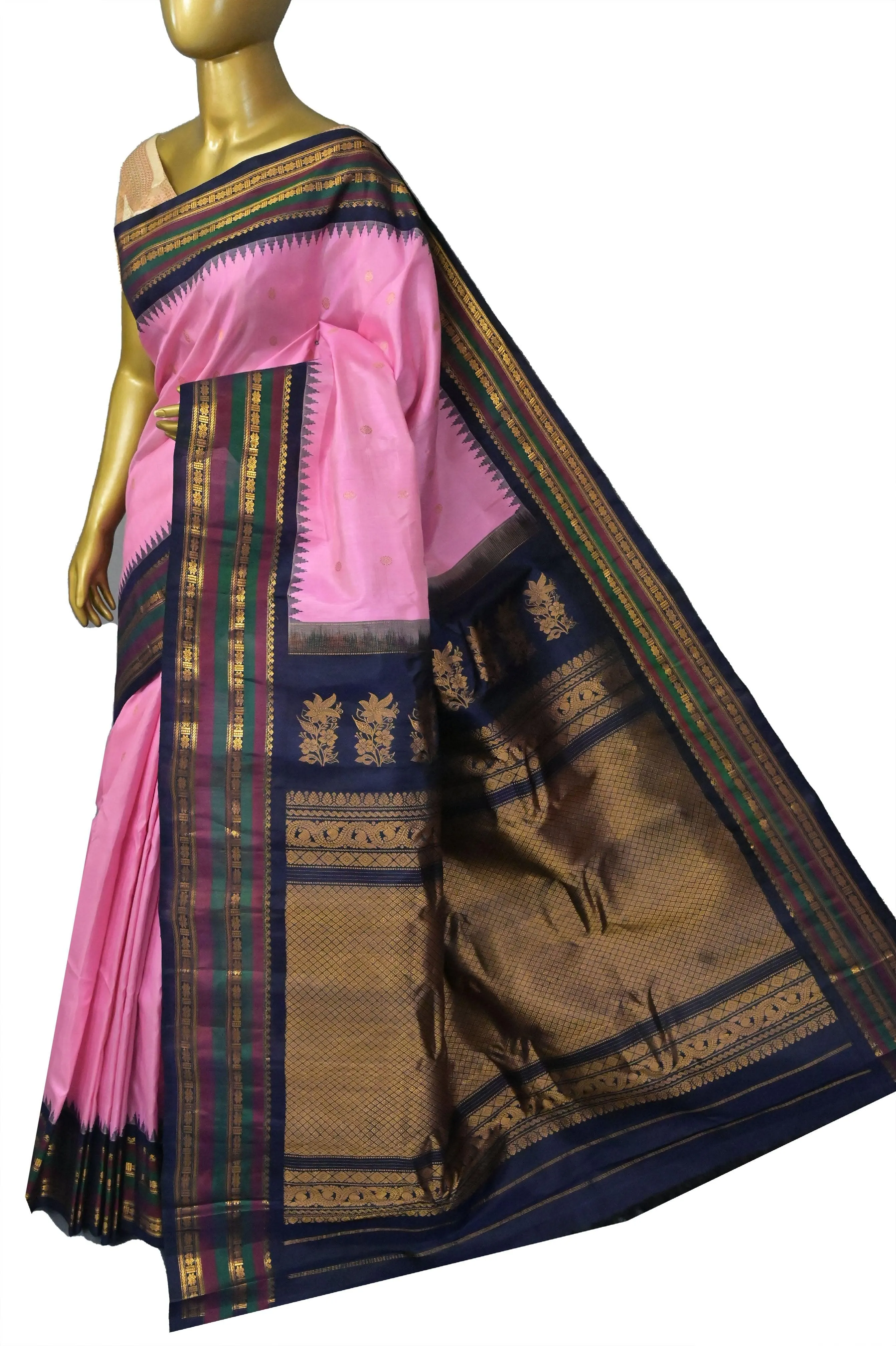 Pink and Navy Blue Color Pure Gadwal Silk Saree with Buti Work and Temple Border