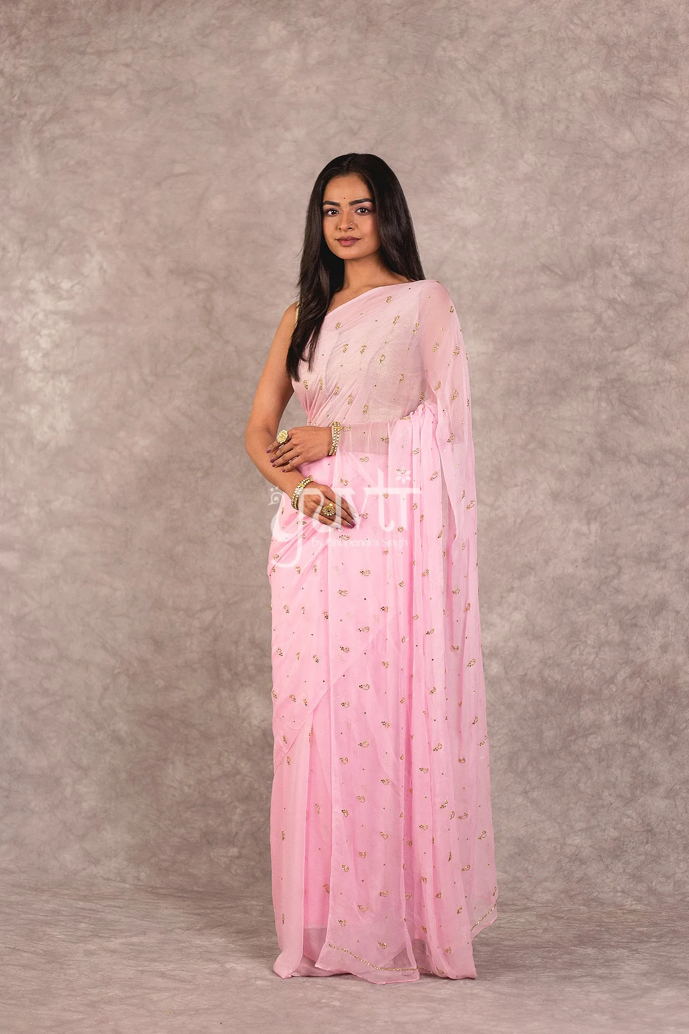 Pink Viscose Chiffon Kardhana Kundan work Saree