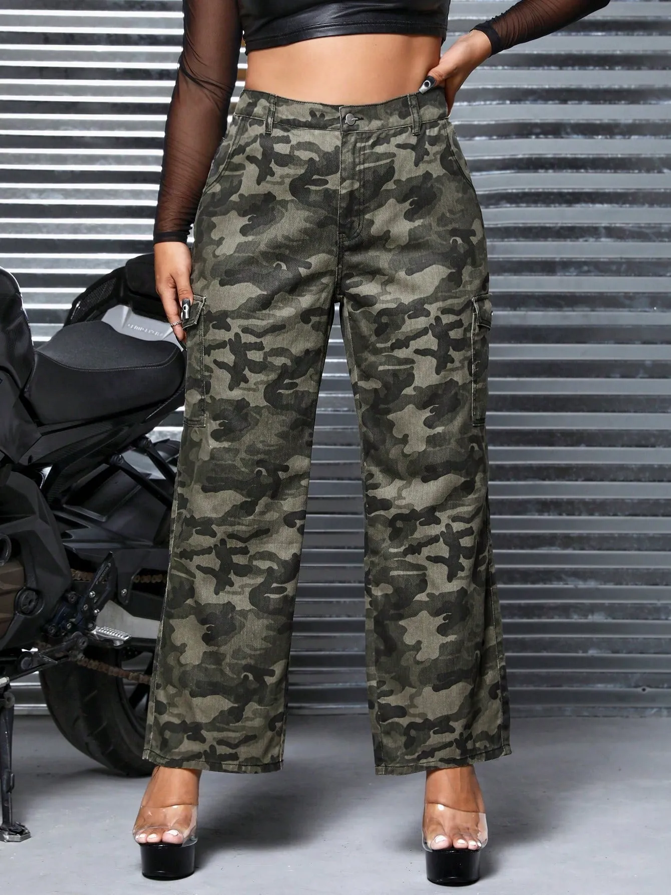 Plus Camo Print Wide Leg Jeans