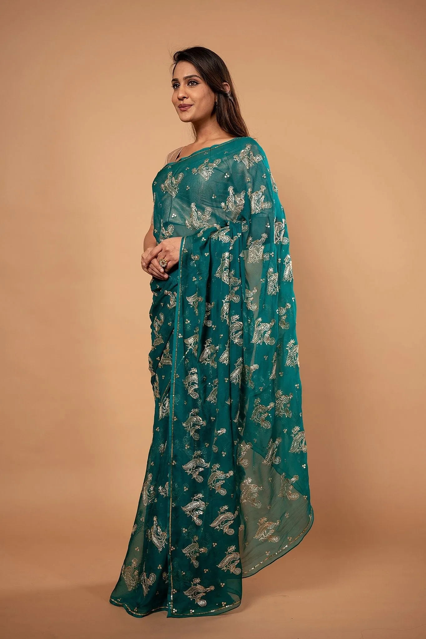 Pure Chiffon Aari Siquin Heavy  Work Saree