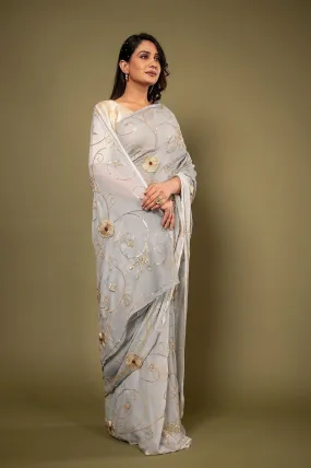 Pure Chiffon Grey Siquin Work Saree