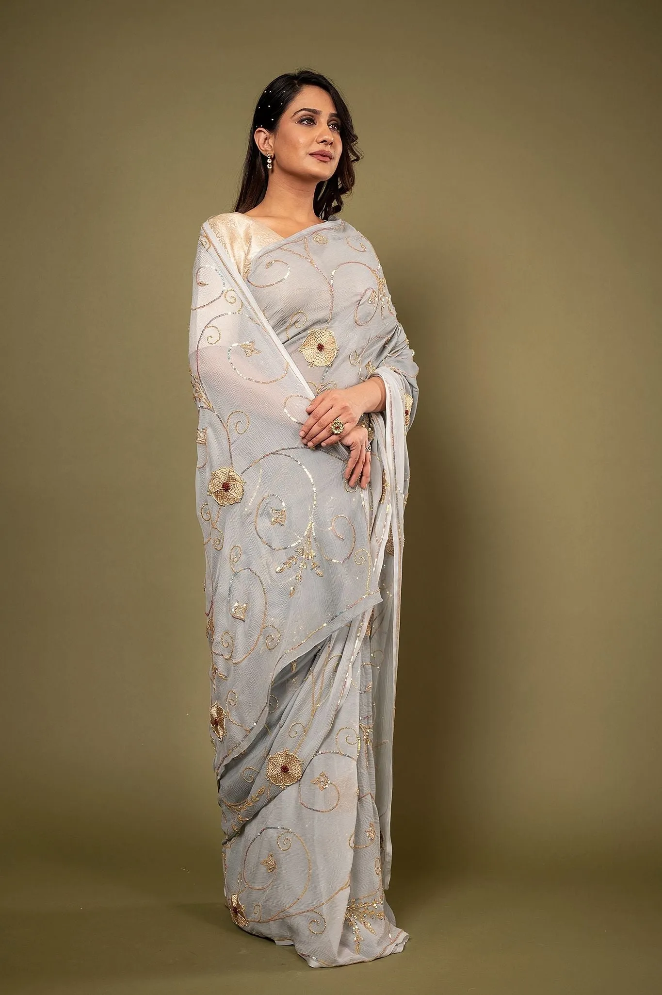 Pure Chiffon Grey Siquin Work Saree