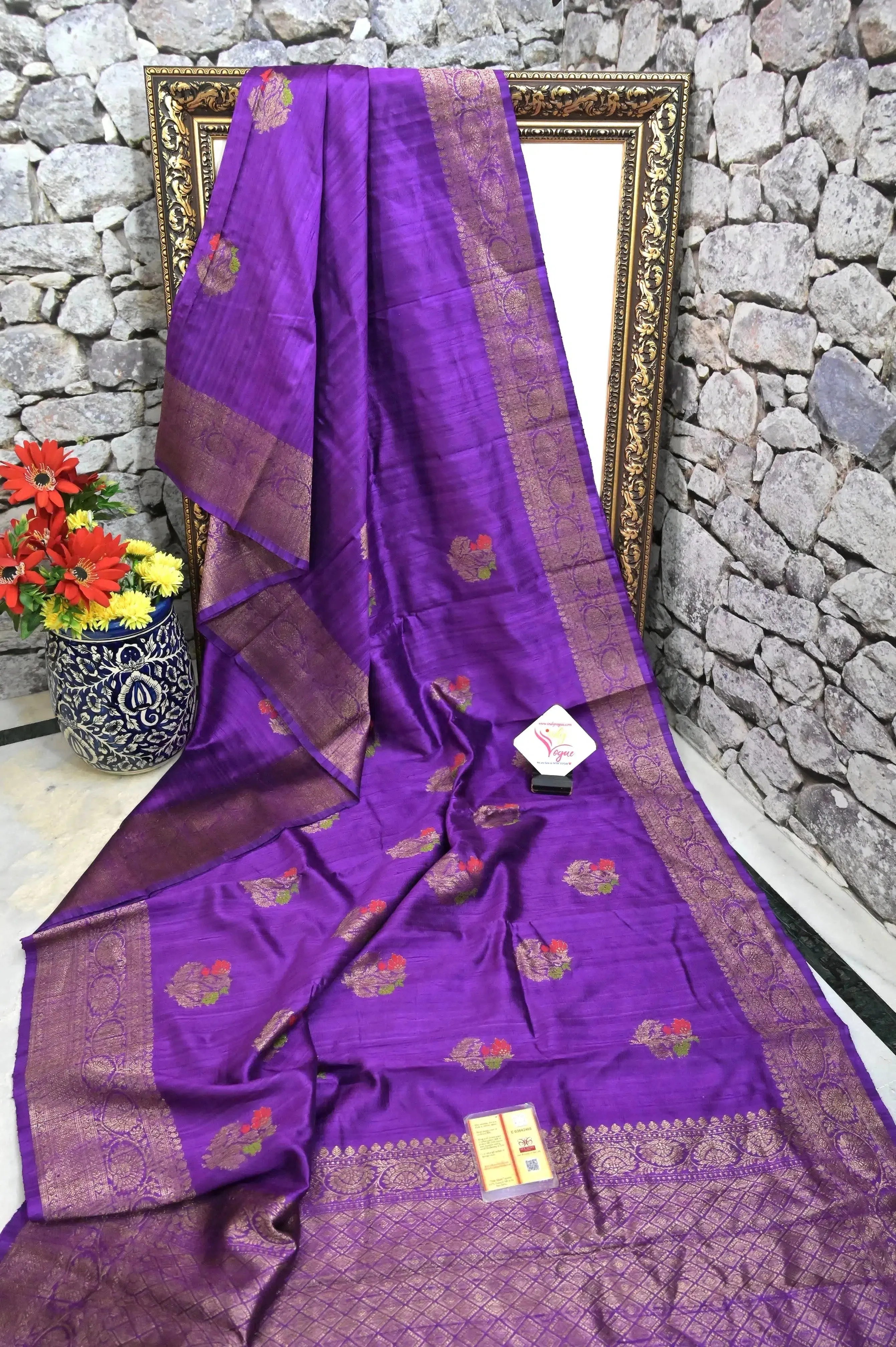 Purple Color Pure Raw Silk Banarasi Saree with Meenakari Butta and Antique Zari Border