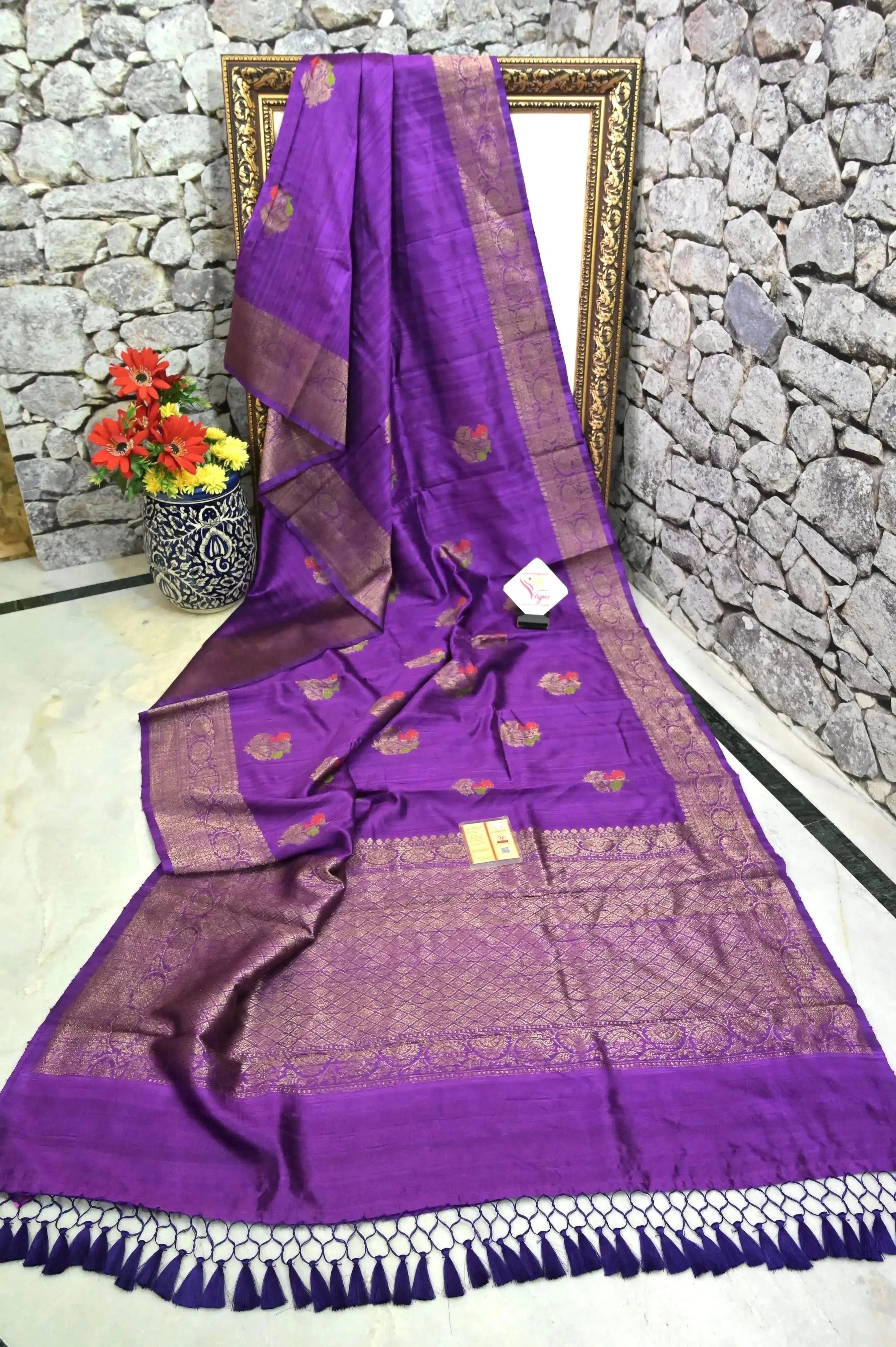 Purple Color Pure Raw Silk Banarasi Saree with Meenakari Butta and Antique Zari Border