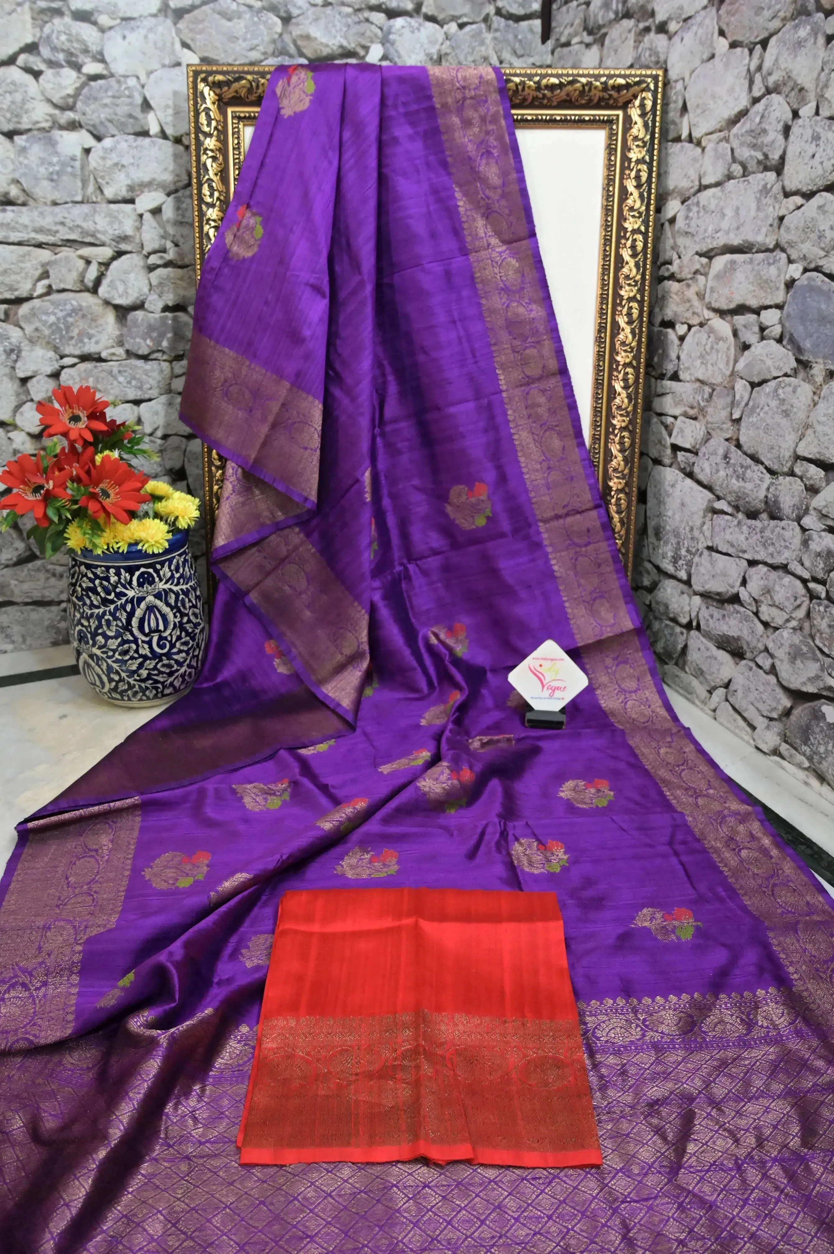 Purple Color Pure Raw Silk Banarasi Saree with Meenakari Butta and Antique Zari Border