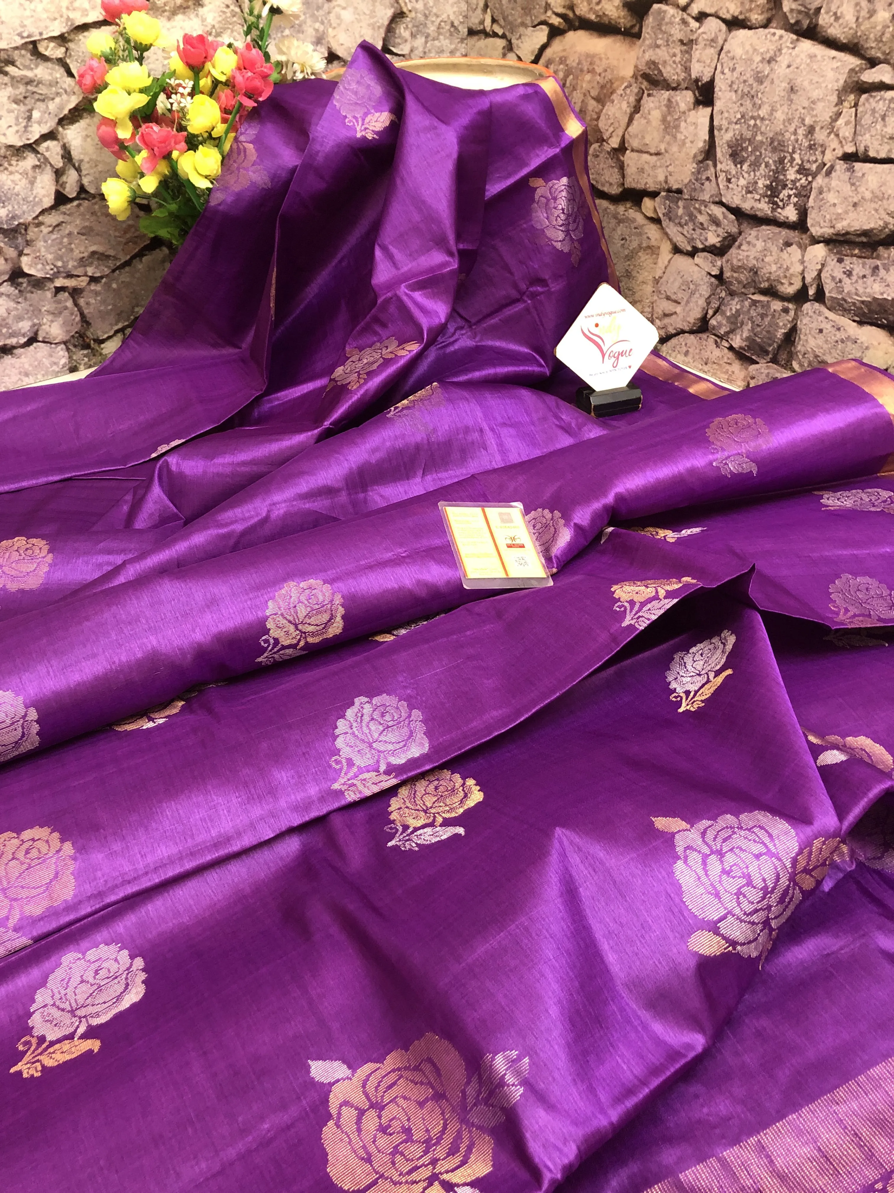 Purple Color Pure Tussar Silk Saree with Golden Buti Work