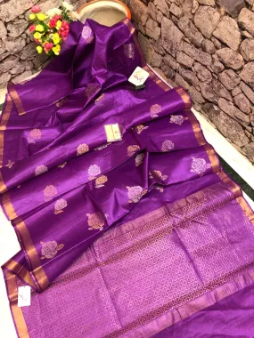 Purple Color Pure Tussar Silk Saree with Golden Buti Work