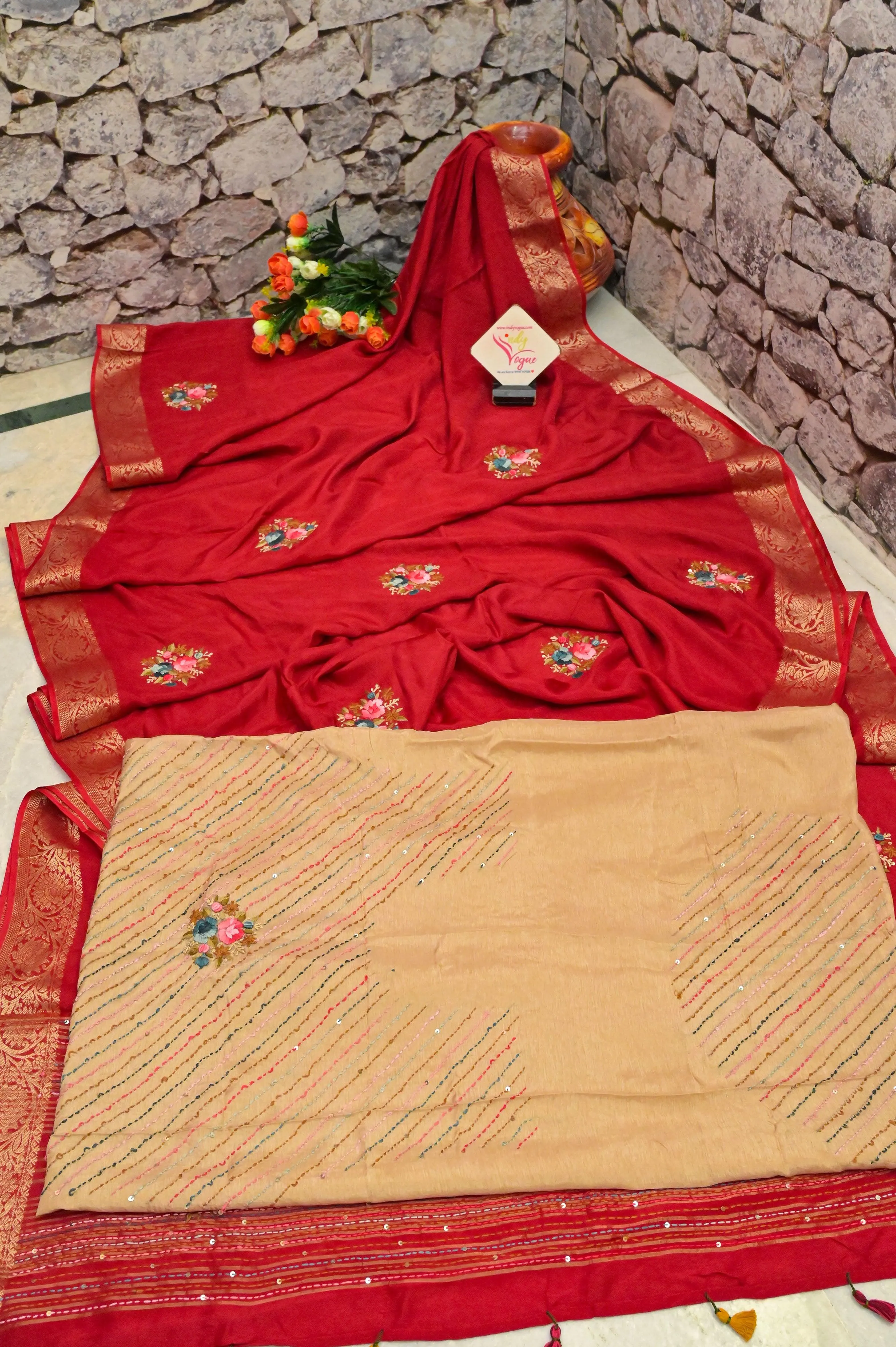 Red Color Chinon Silk Banarasi with Hand Bullion Embroidery and Sequins