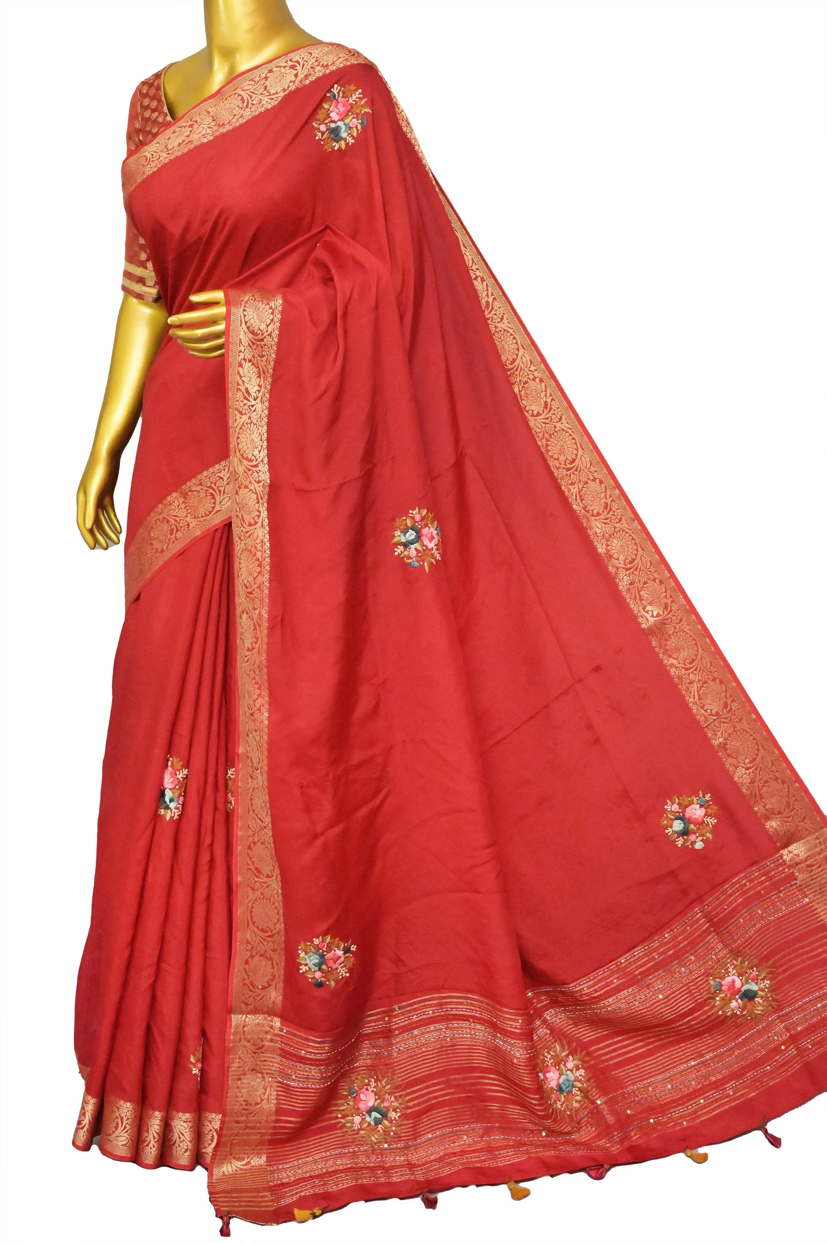 Red Color Chinon Silk Banarasi with Hand Bullion Embroidery and Sequins