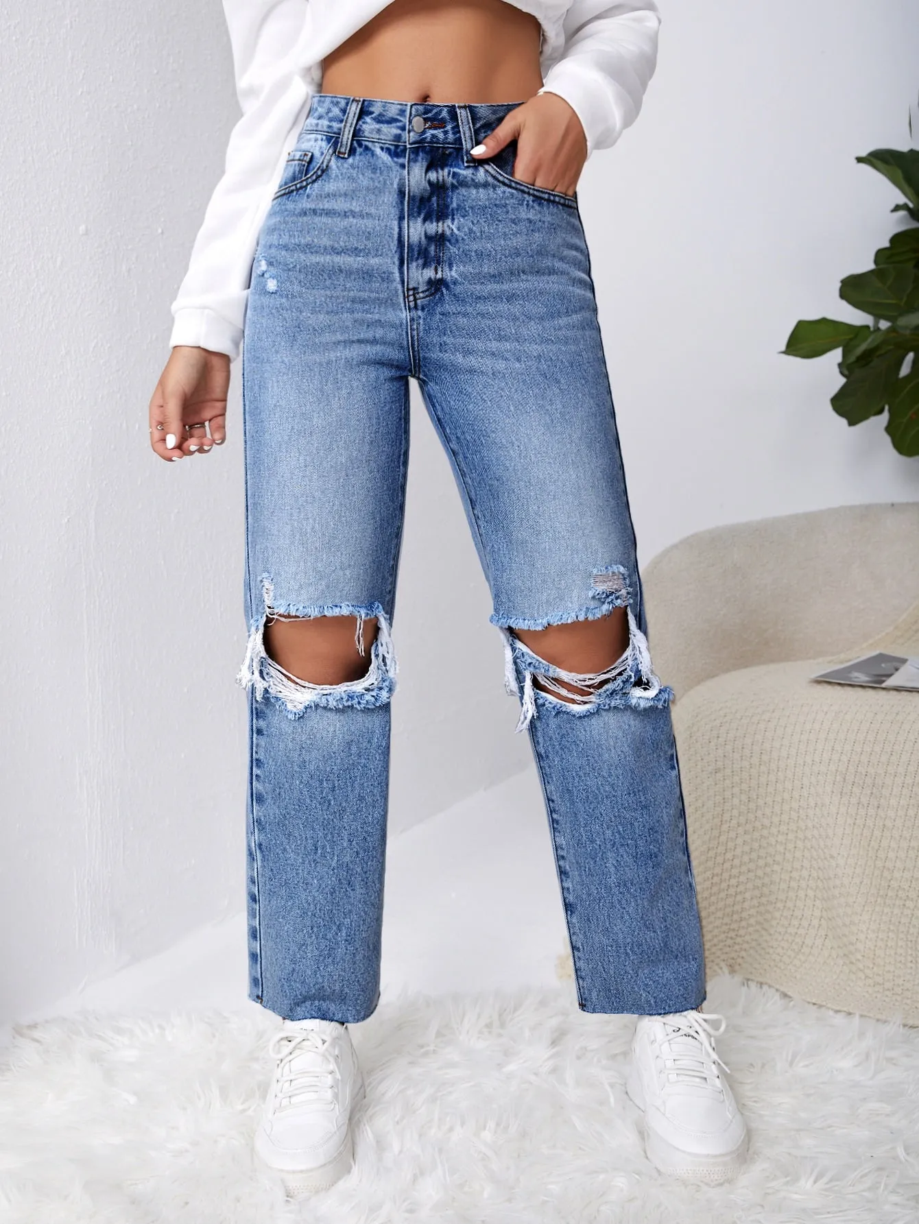 Ripped Raw Cut Straight Leg Jeans