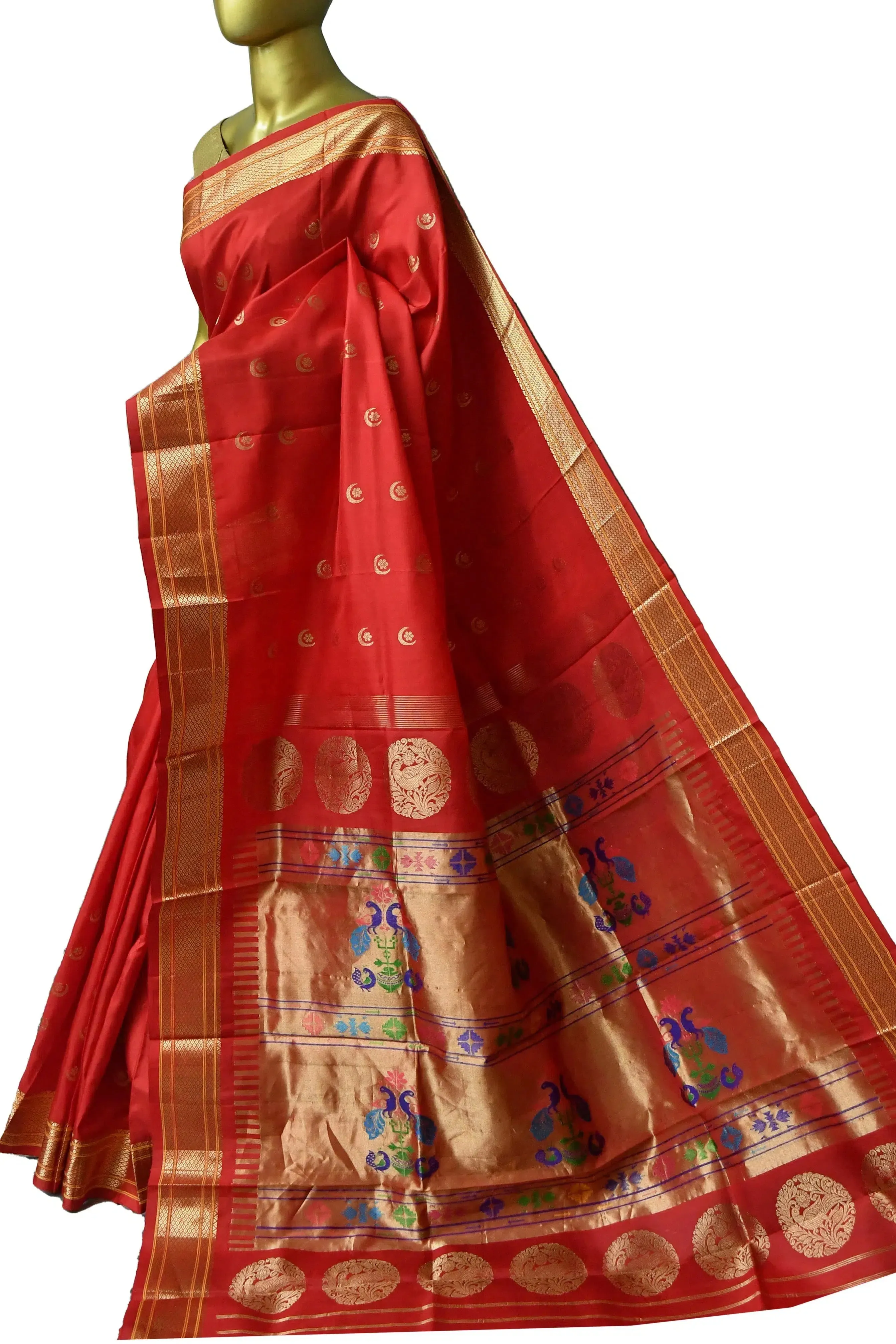 Scarlet Red Color Pure Maharani Paithani Silk Saree with Golden Butta Work