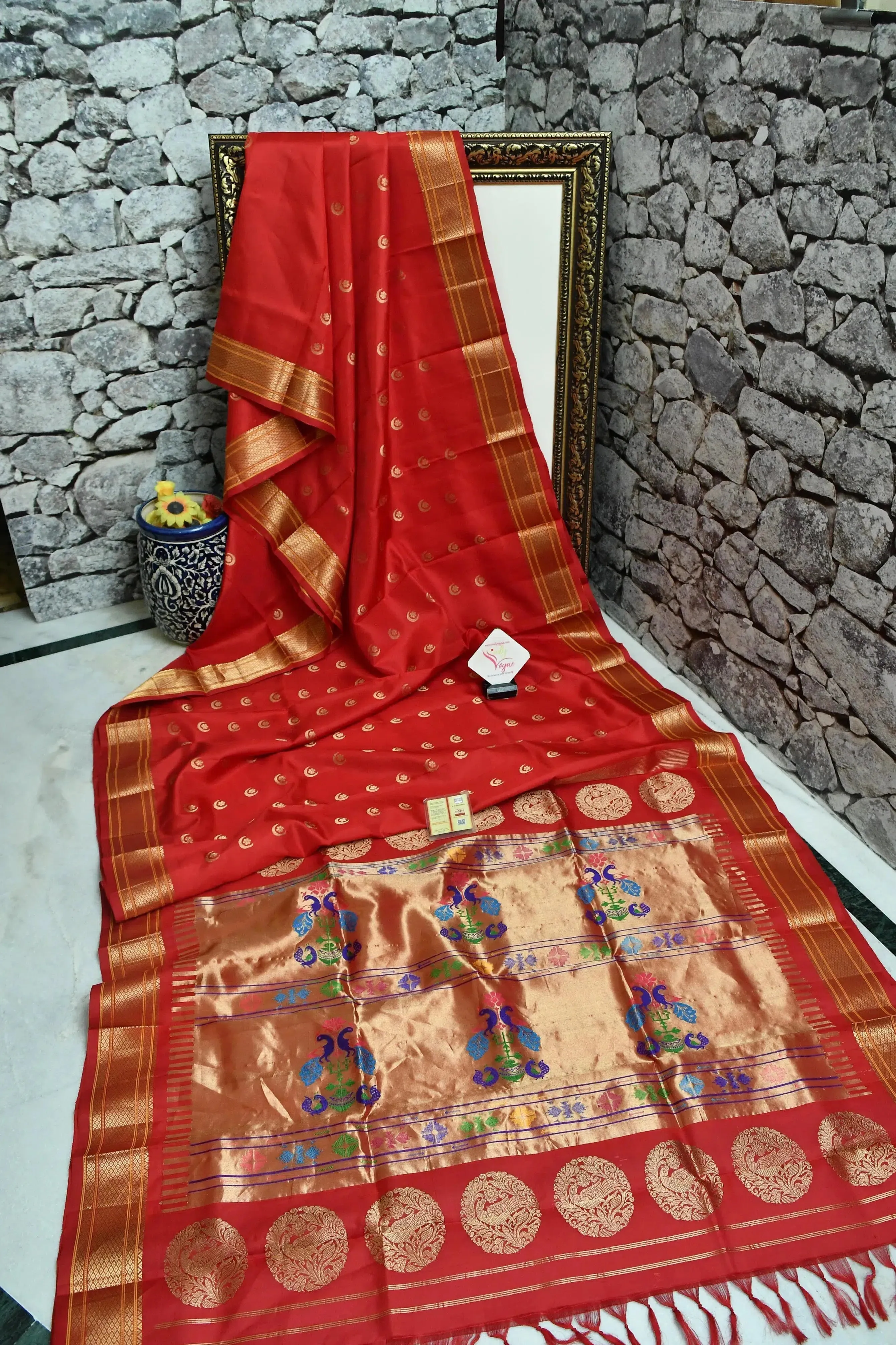 Scarlet Red Color Pure Maharani Paithani Silk Saree with Golden Butta Work