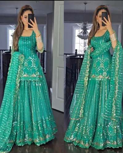 Sea Green Georgette Sequence Work Stitched Lehenga Choli Set