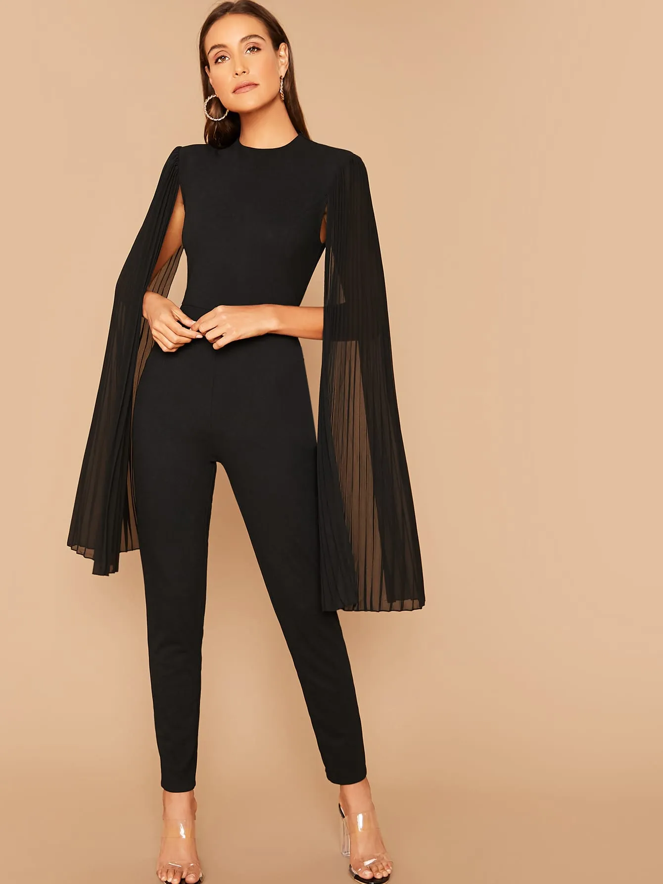 Solid Pleated Cape Jumpsuit