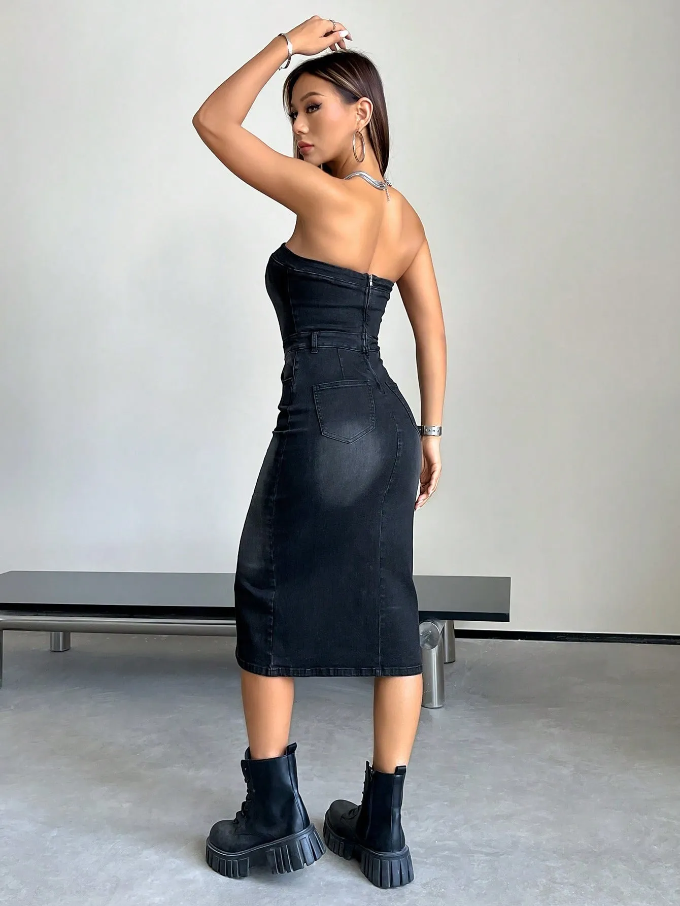 Split Thigh Tube Denim Dress