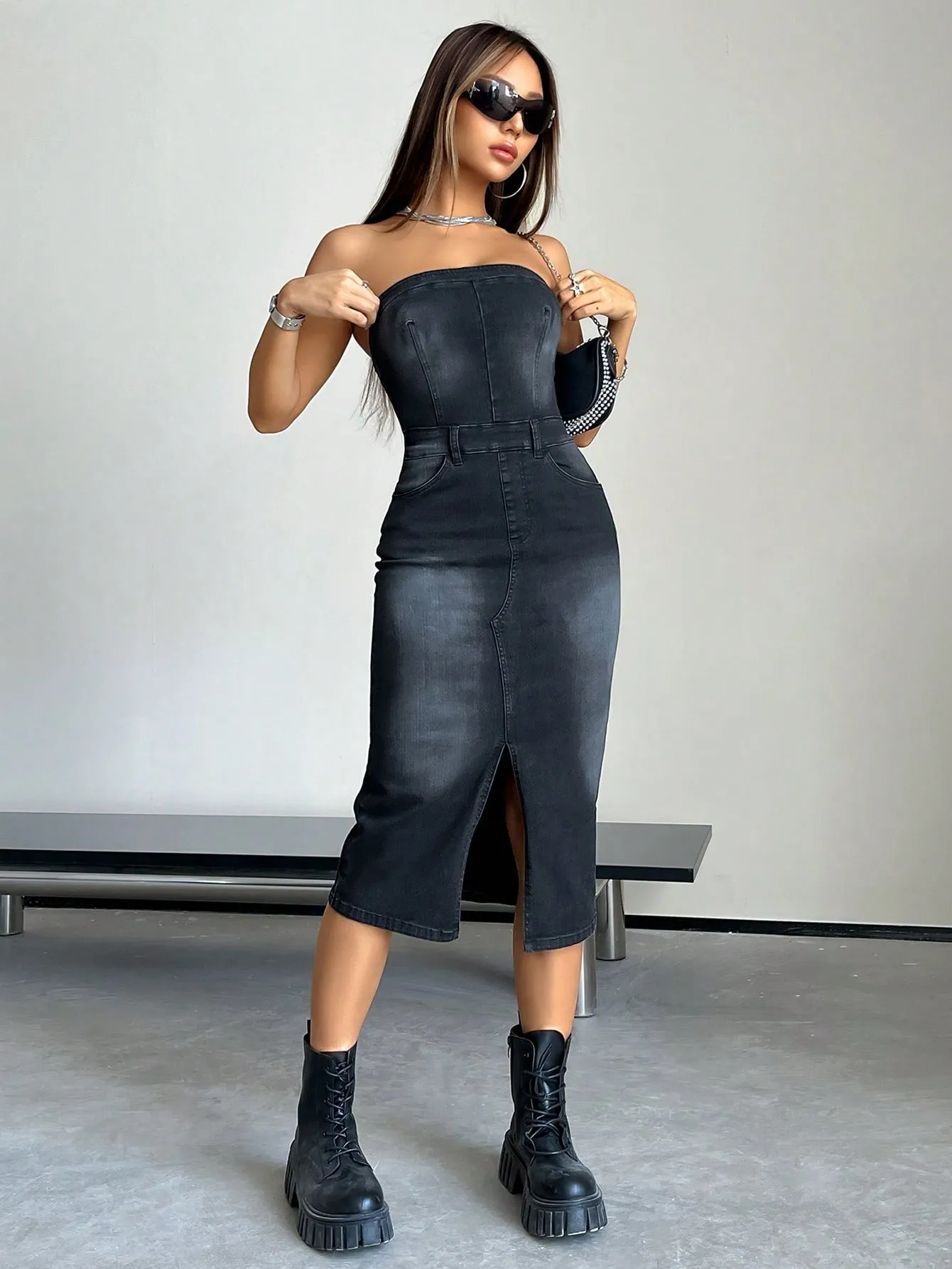 Split Thigh Tube Denim Dress