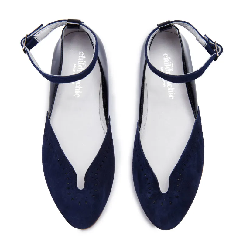 Suede and Patent Ankle Ballerinas in Navy