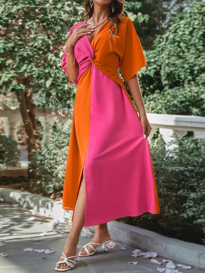 Two tone twist front split hem dress in orange