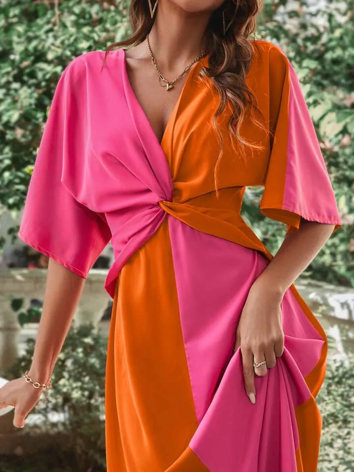 Two tone twist front split hem dress in orange