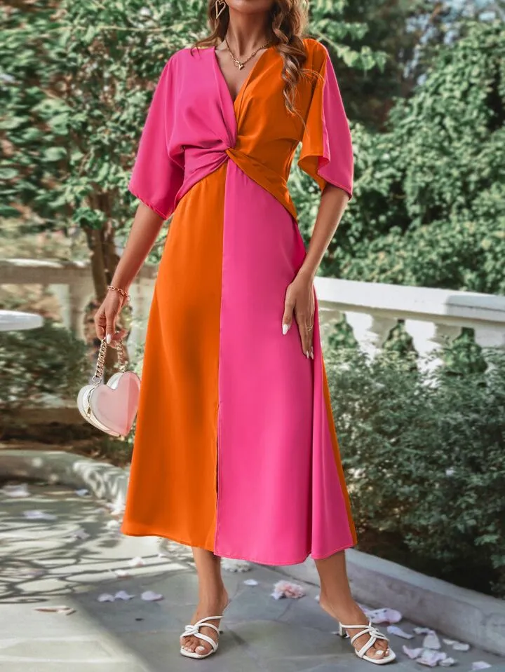 Two tone twist front split hem dress in orange