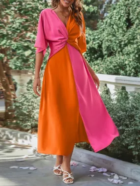 Two tone twist front split hem dress in orange