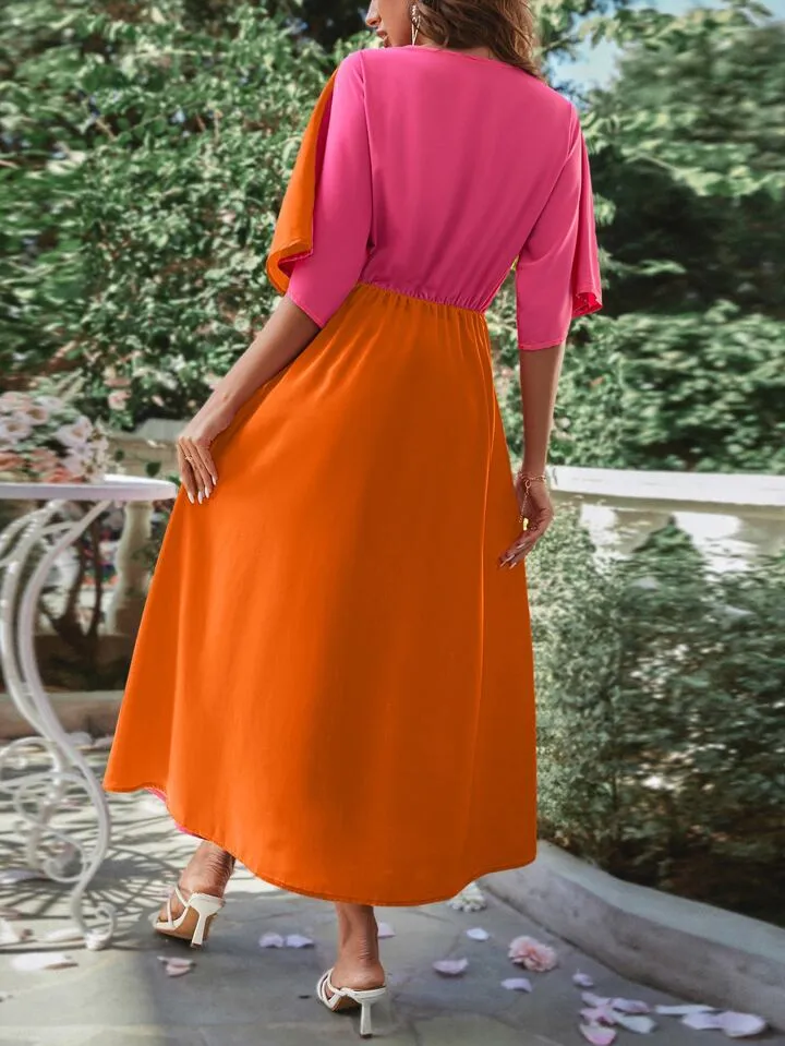 Two tone twist front split hem dress in orange