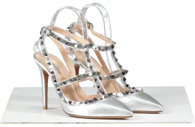 Valentino Garavani Silver Rockstud Metallic Ankle Strap Pump 100 Mm UK 4 EU 37 👠