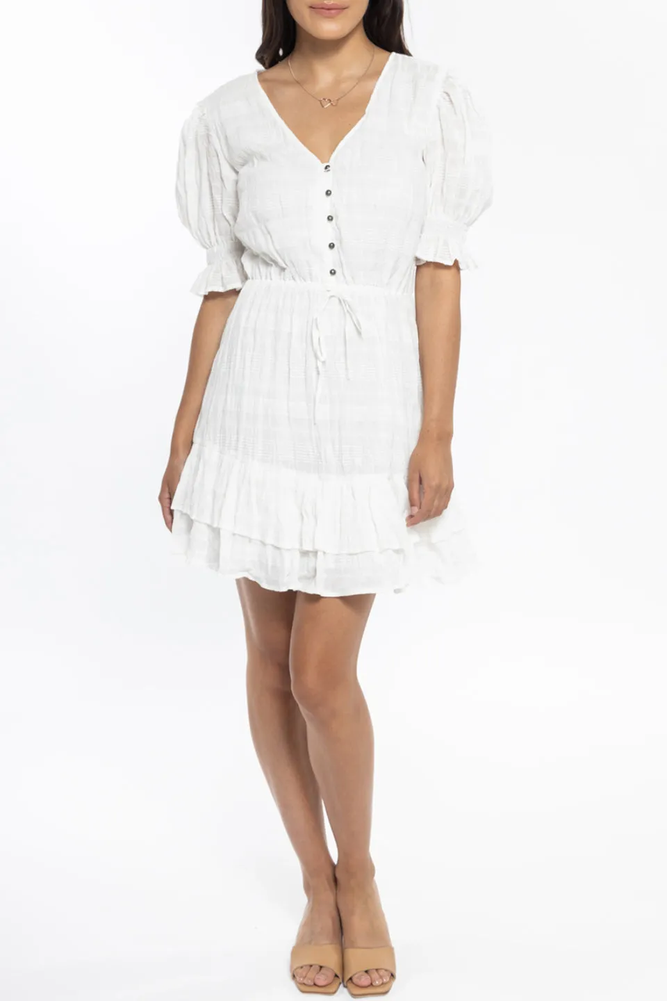 Viola White SS Frill Hem Dress