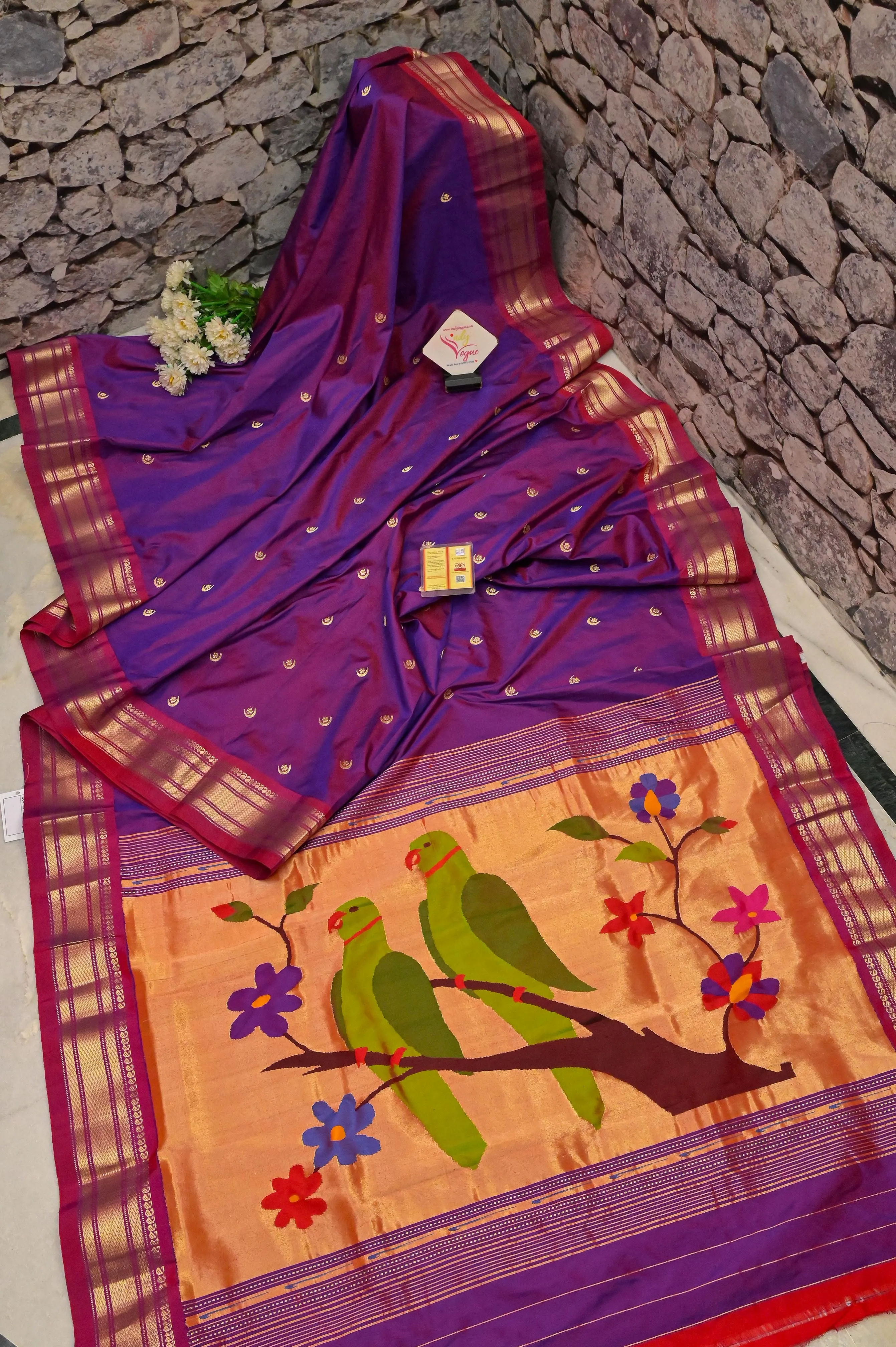 Violet and Red Color Dual Tone Yeola Paithani Silk Saree with Chand Buti